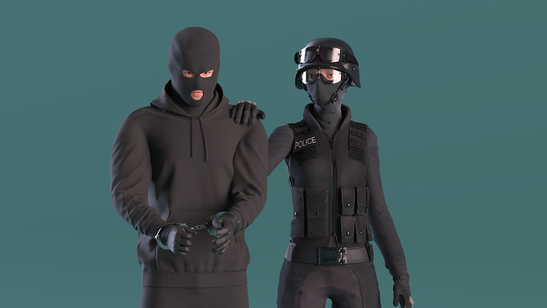 Robber in Handcuffs with SWAT Officer 3D