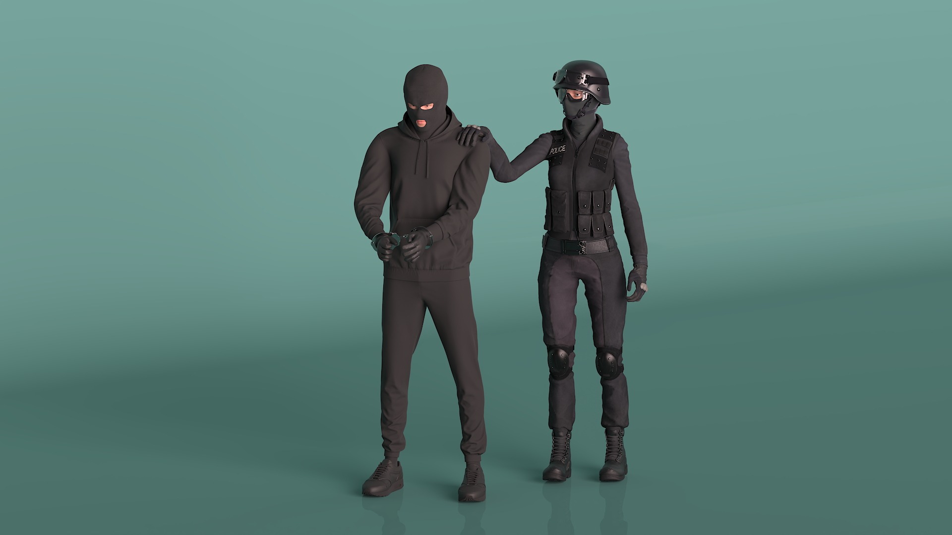Robber in Handcuffs with SWAT Officer 3D