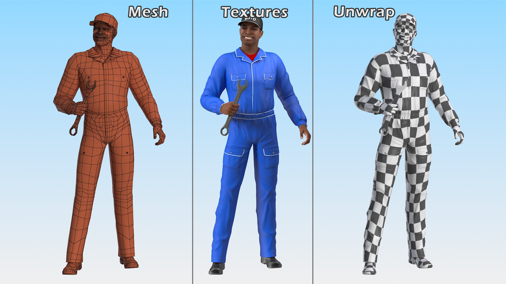 Light Skin Black Car Mechanic 3D model