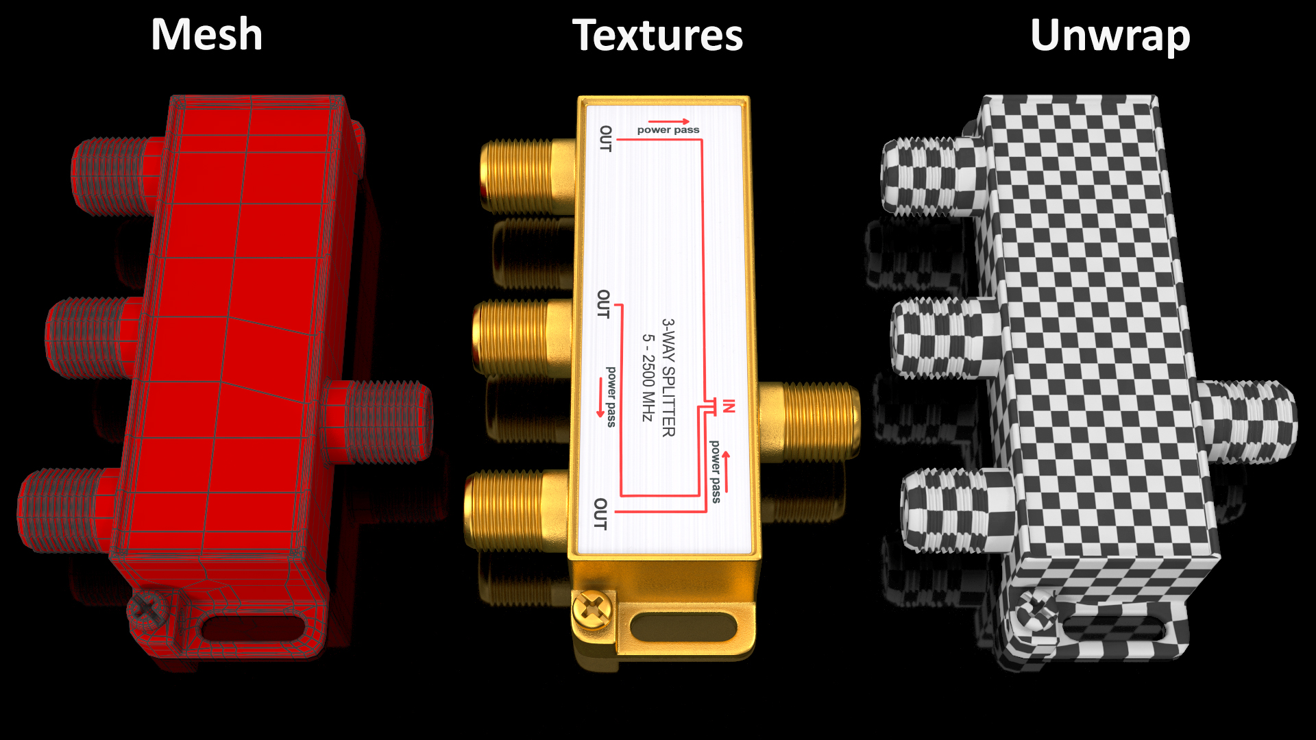 3D TV Digital Signal 3 Way Coax Cable Splitter model