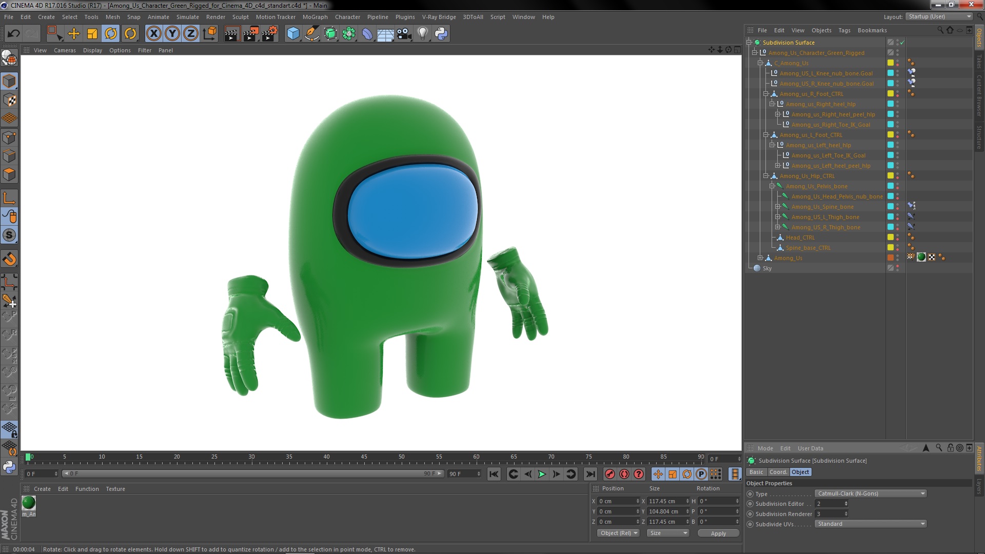 3D model Among Us Character Green Rigged for Cinema 4D