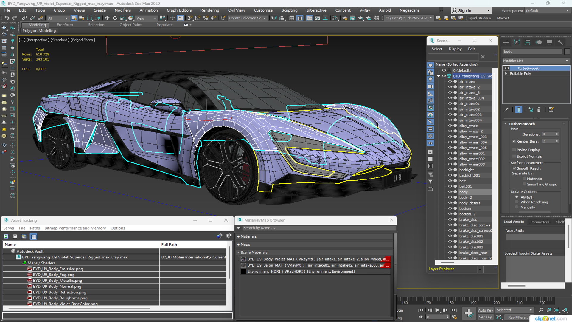 3D BYD Yangwang U9 Violet Supercar Rigged model