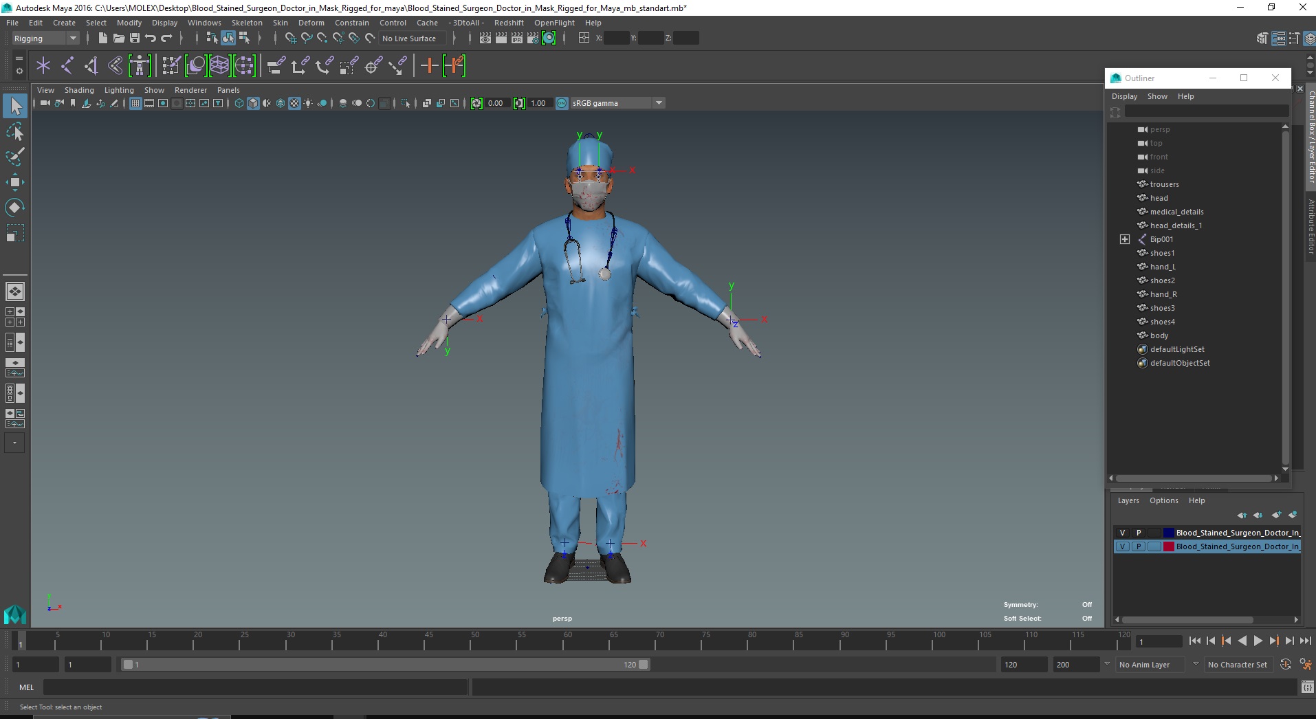 Blood Stained Surgeon Doctor in Mask Rigged for Maya 3D