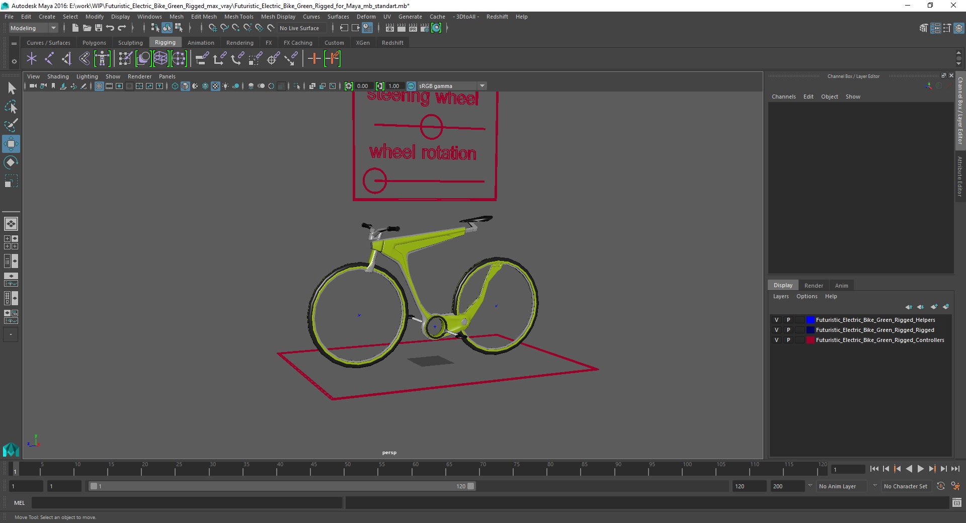3D Futuristic Electric Bike Green Rigged for Maya