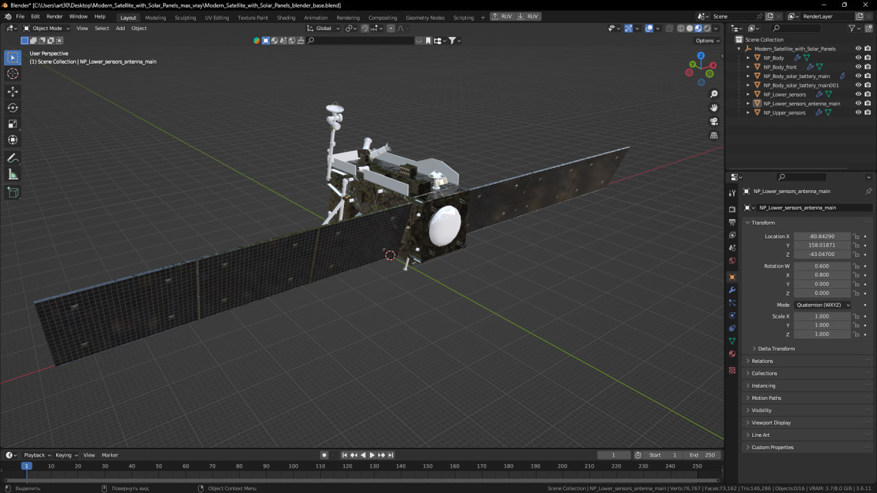Modern Satellite with Solar Panels 3D model