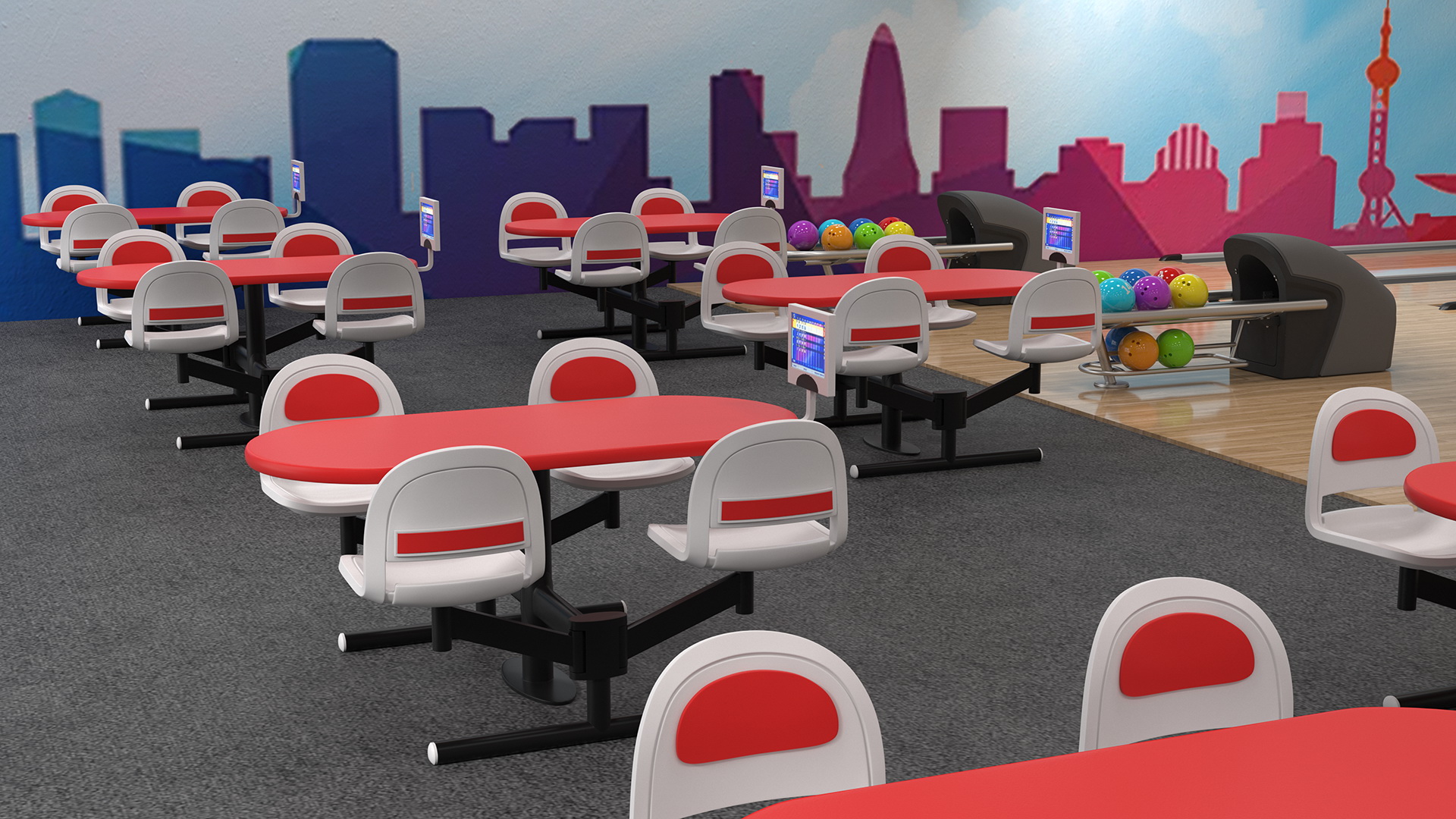 3D Interior of Bowling Center with Furniture