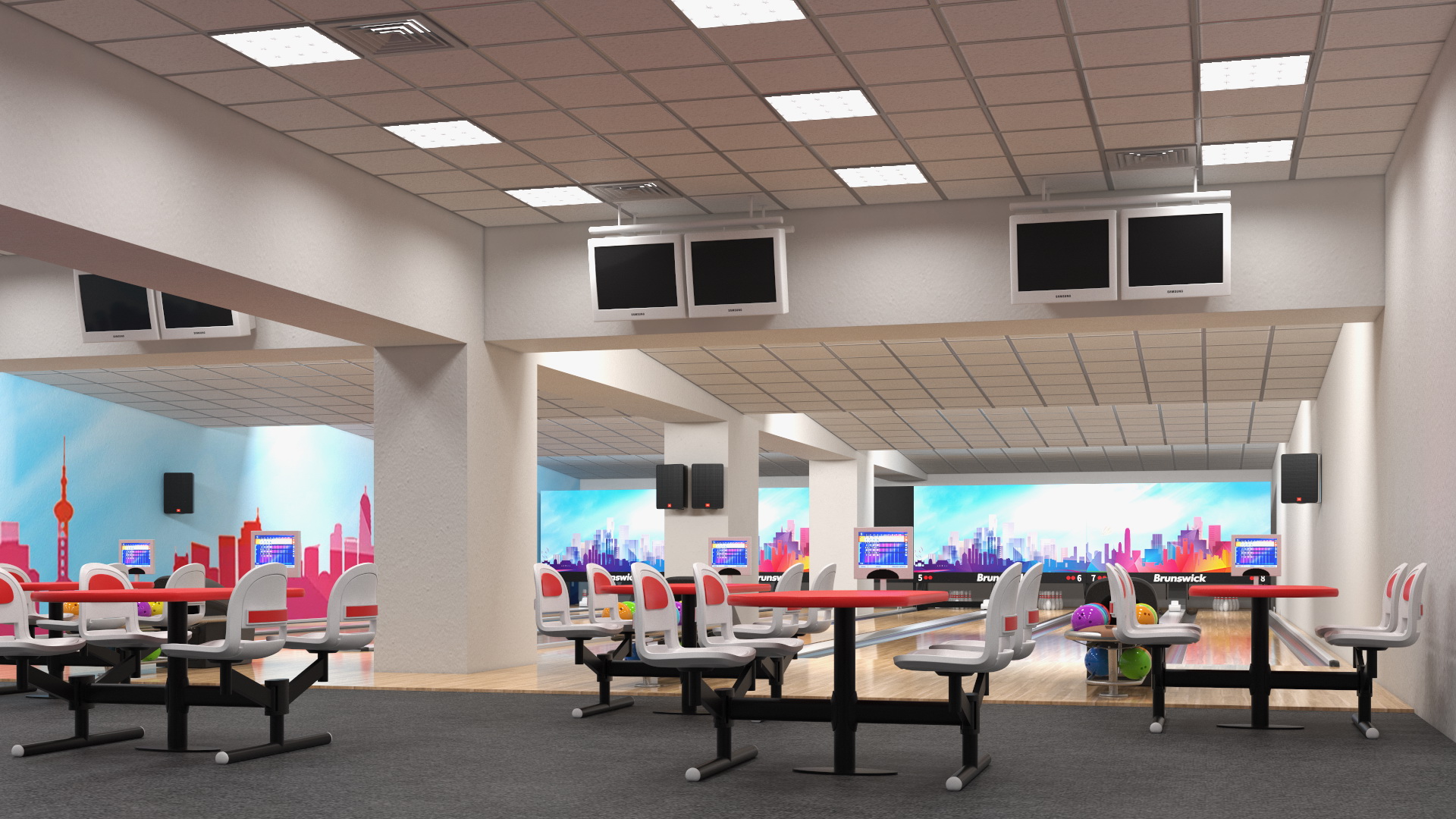 3D Interior of Bowling Center with Furniture