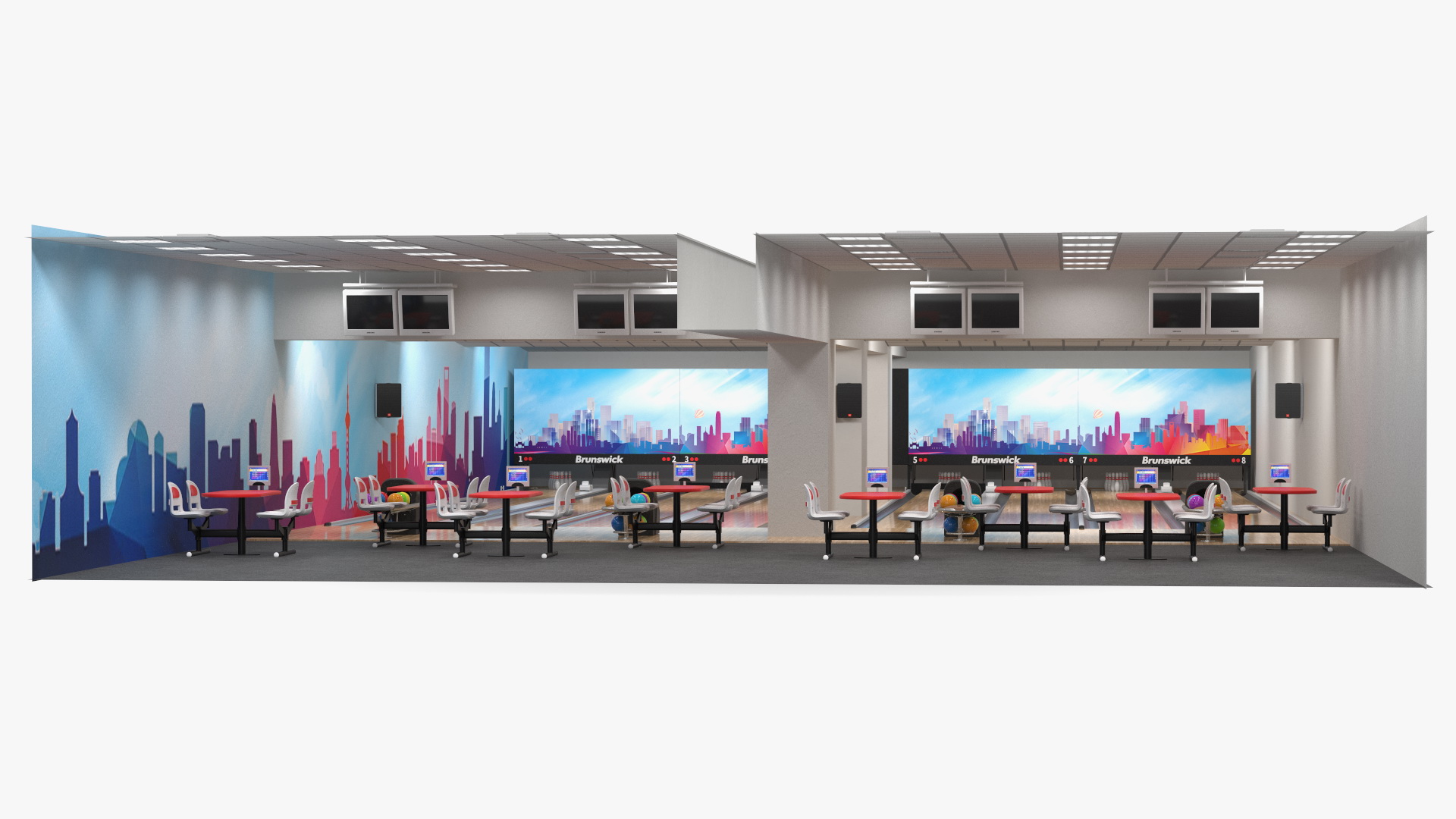 3D Interior of Bowling Center with Furniture