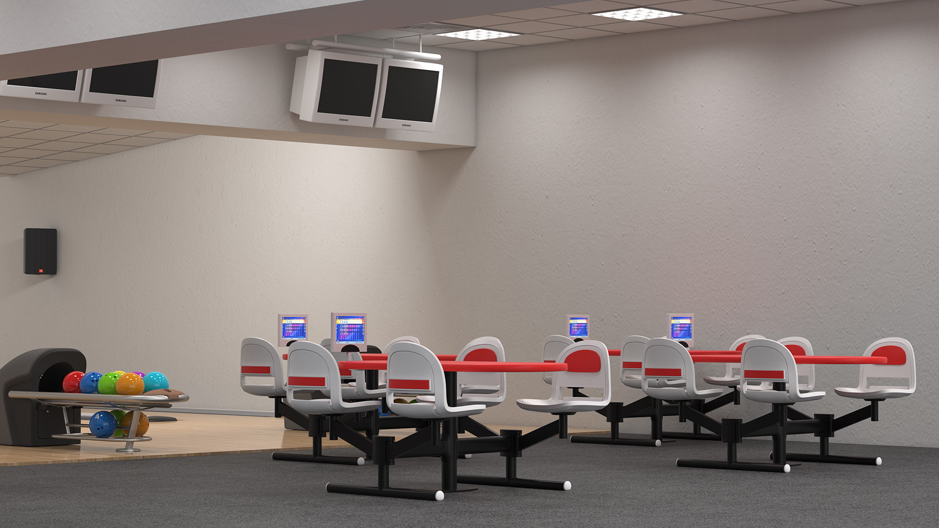 3D Interior of Bowling Center with Furniture