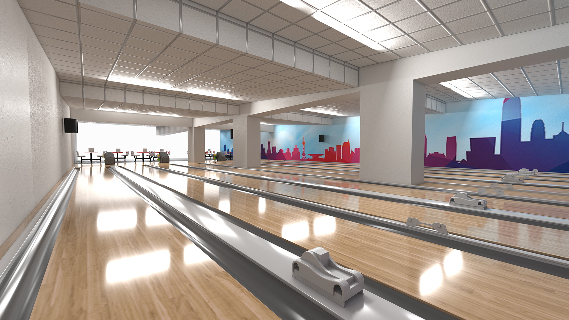 3D Interior of Bowling Center with Furniture