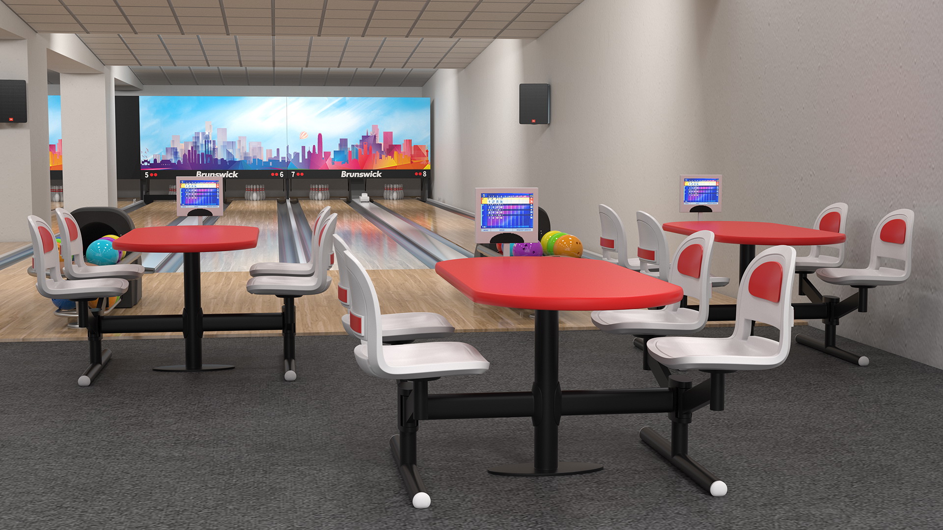 3D Interior of Bowling Center with Furniture