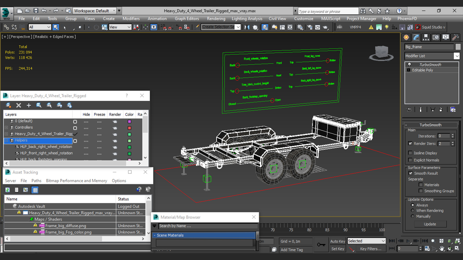 3D Heavy Duty 4 Wheel Trailer Rigged model