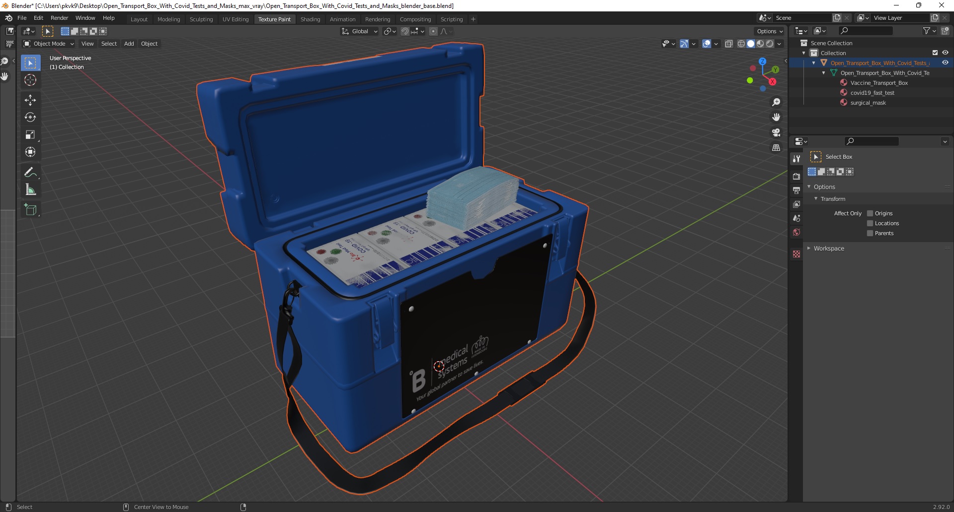 3D model Open Transport Box With Covid Tests and Masks