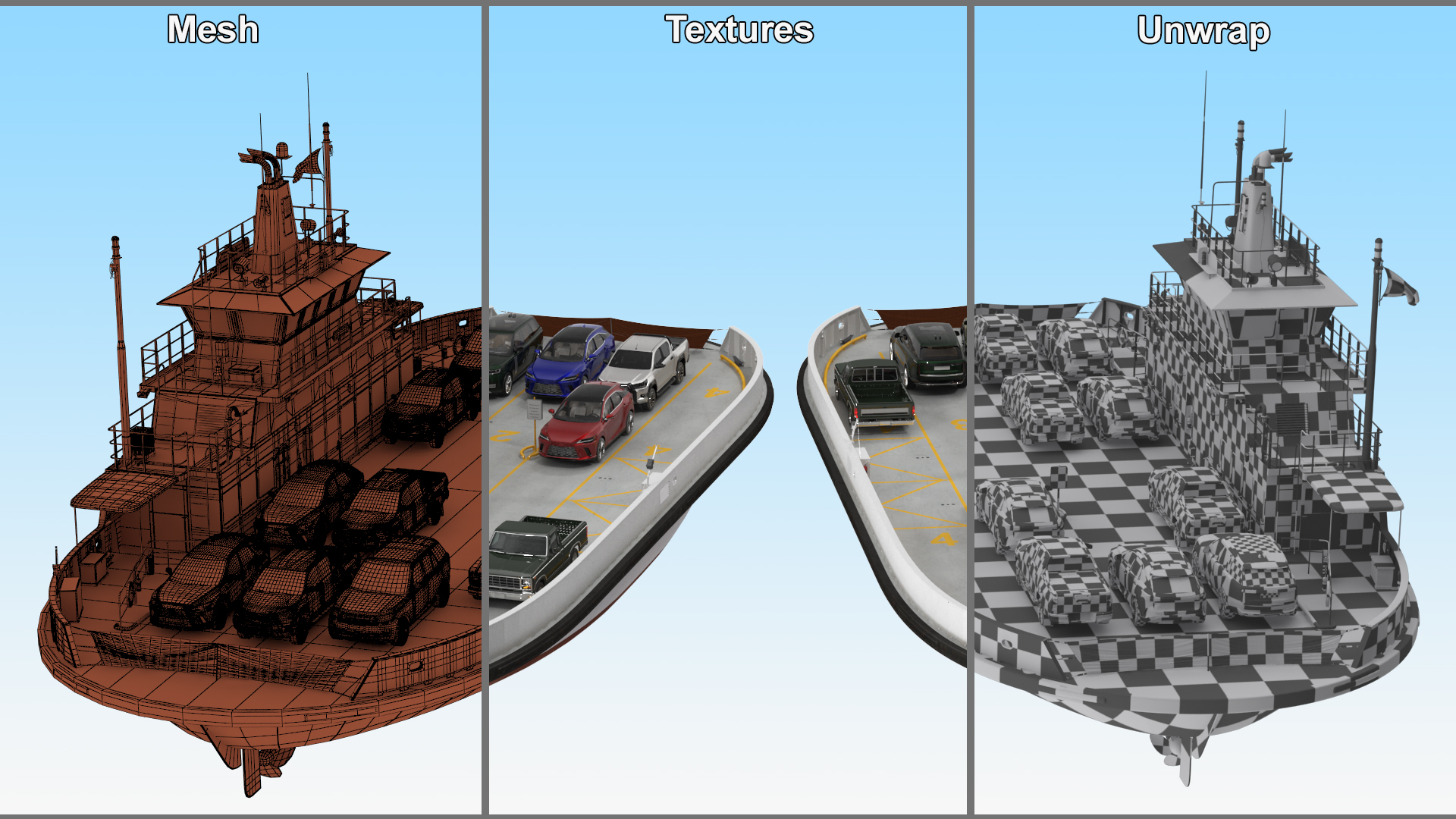 3D Ferry Ship with Vehicle model