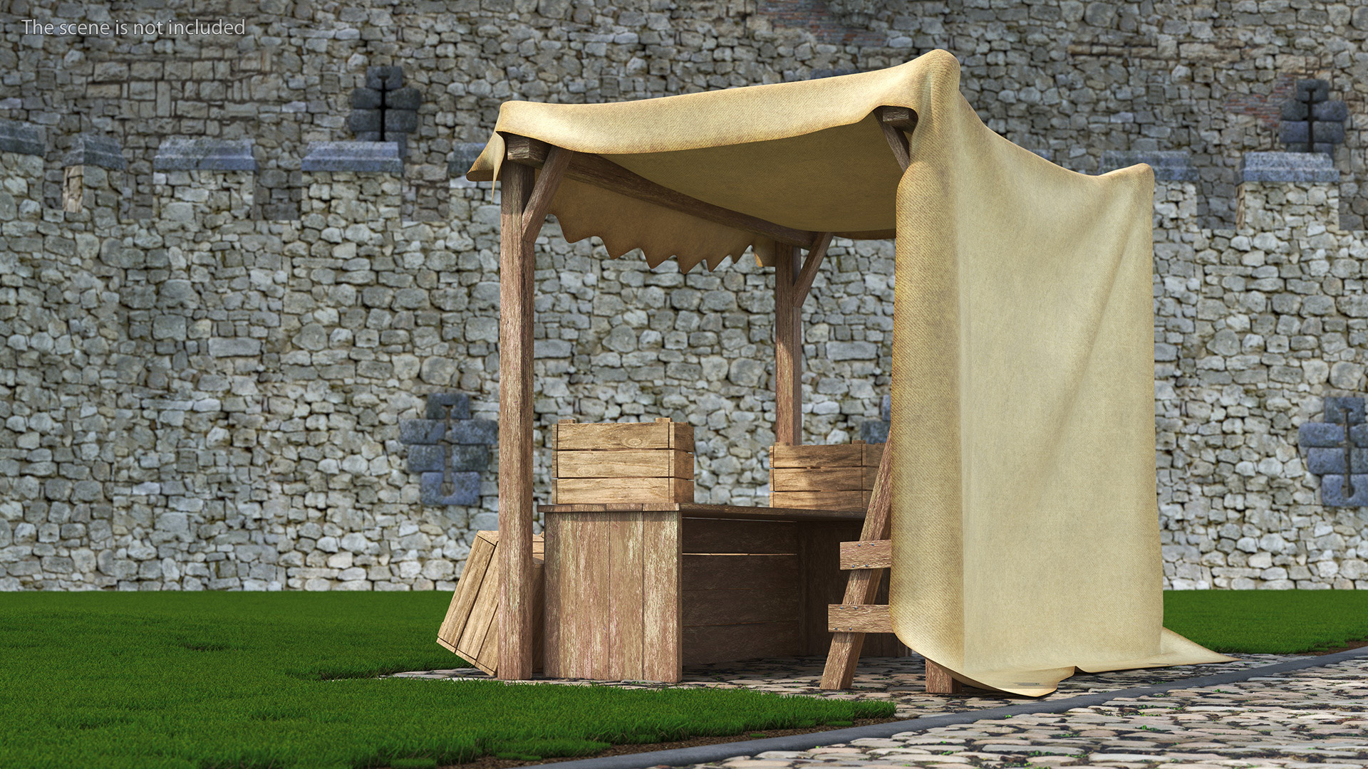 Wooden Market Stall with Beige Awning 3D
