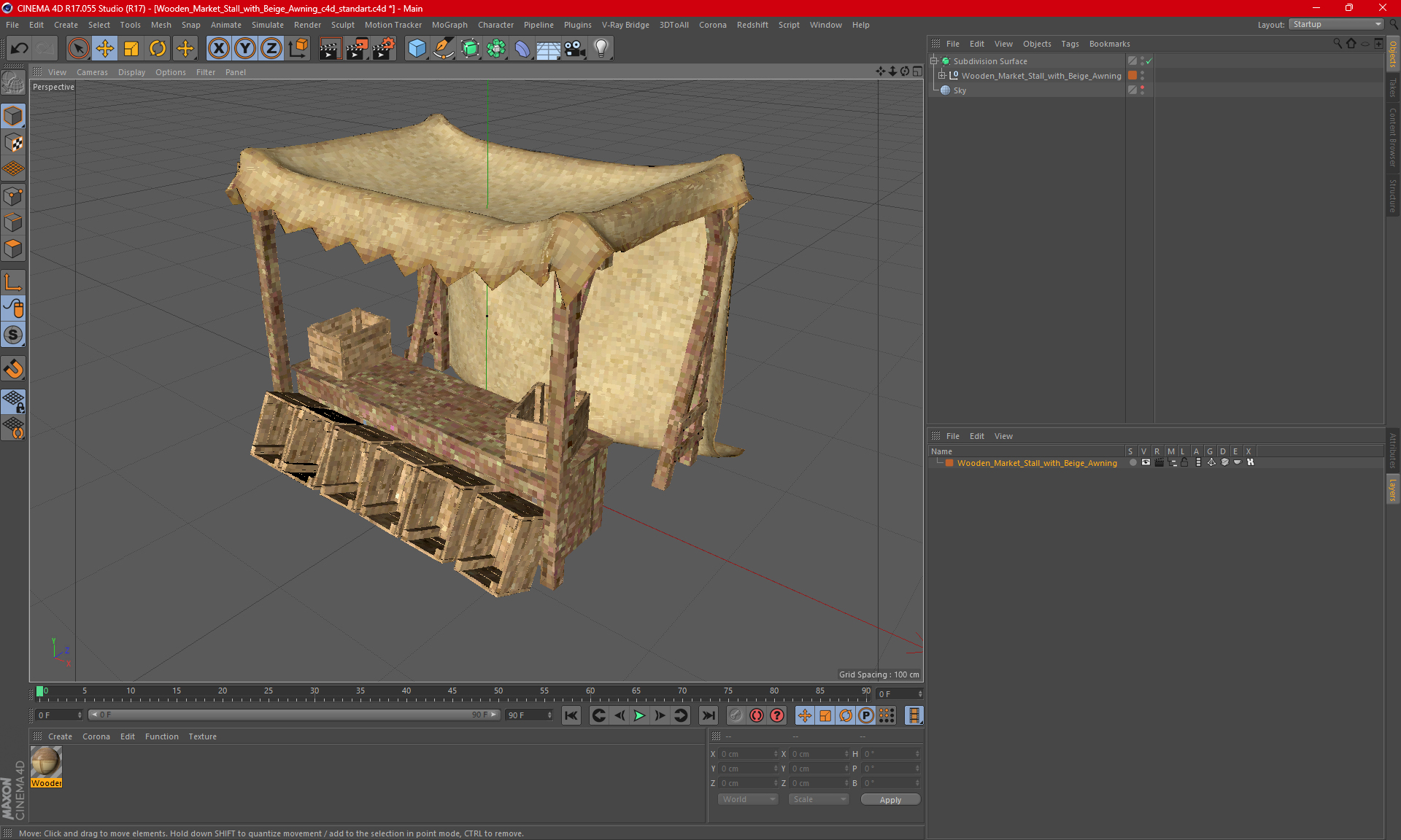 Wooden Market Stall with Beige Awning 3D