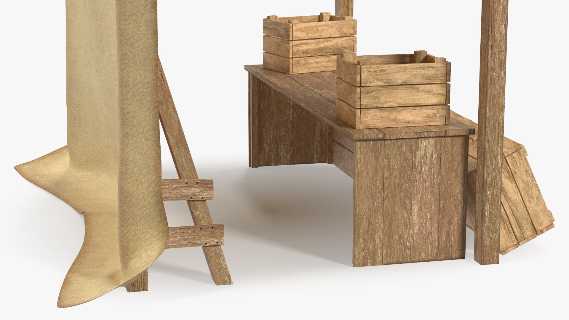 Wooden Market Stall with Beige Awning 3D
