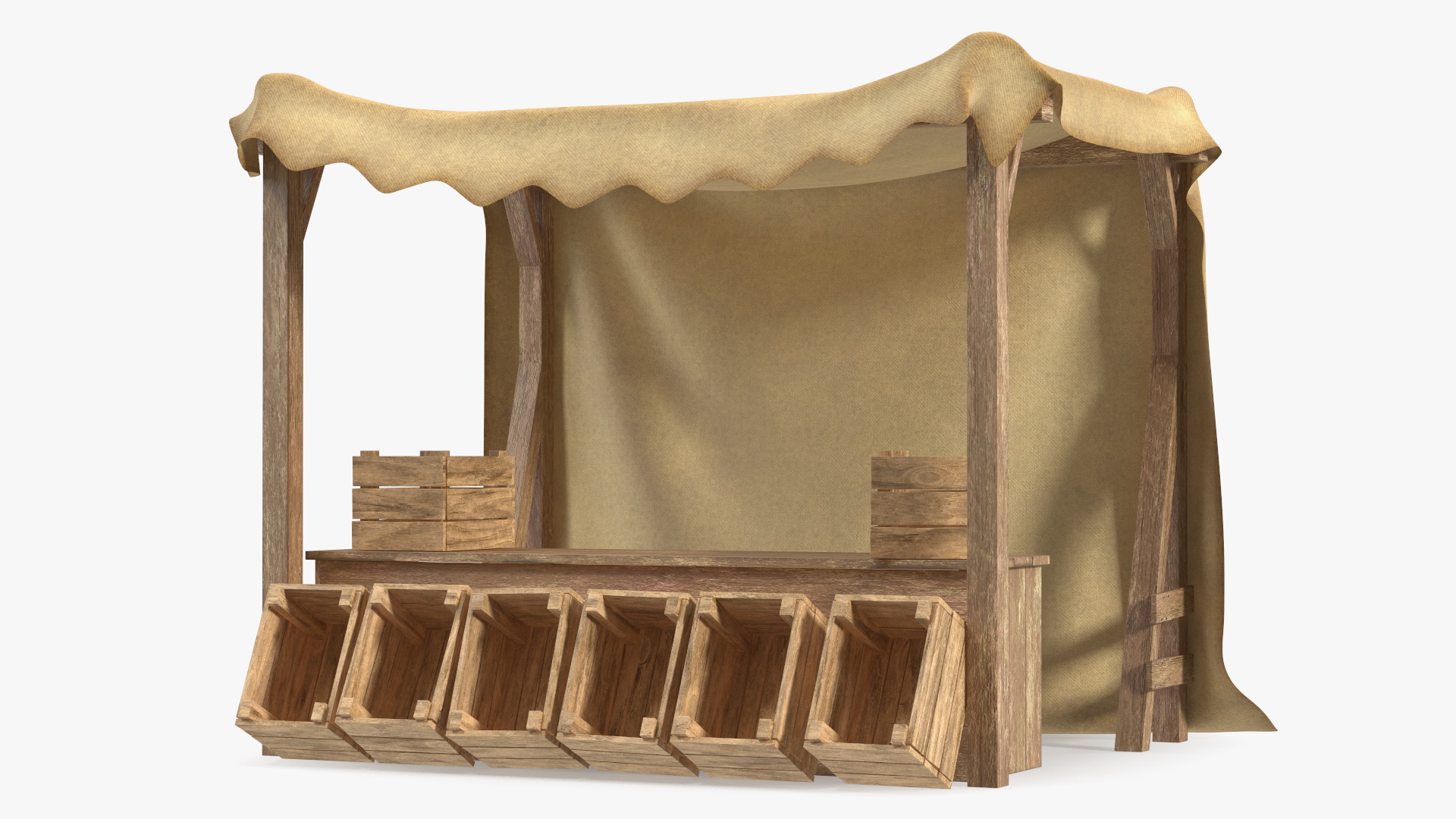 Wooden Market Stall with Beige Awning 3D