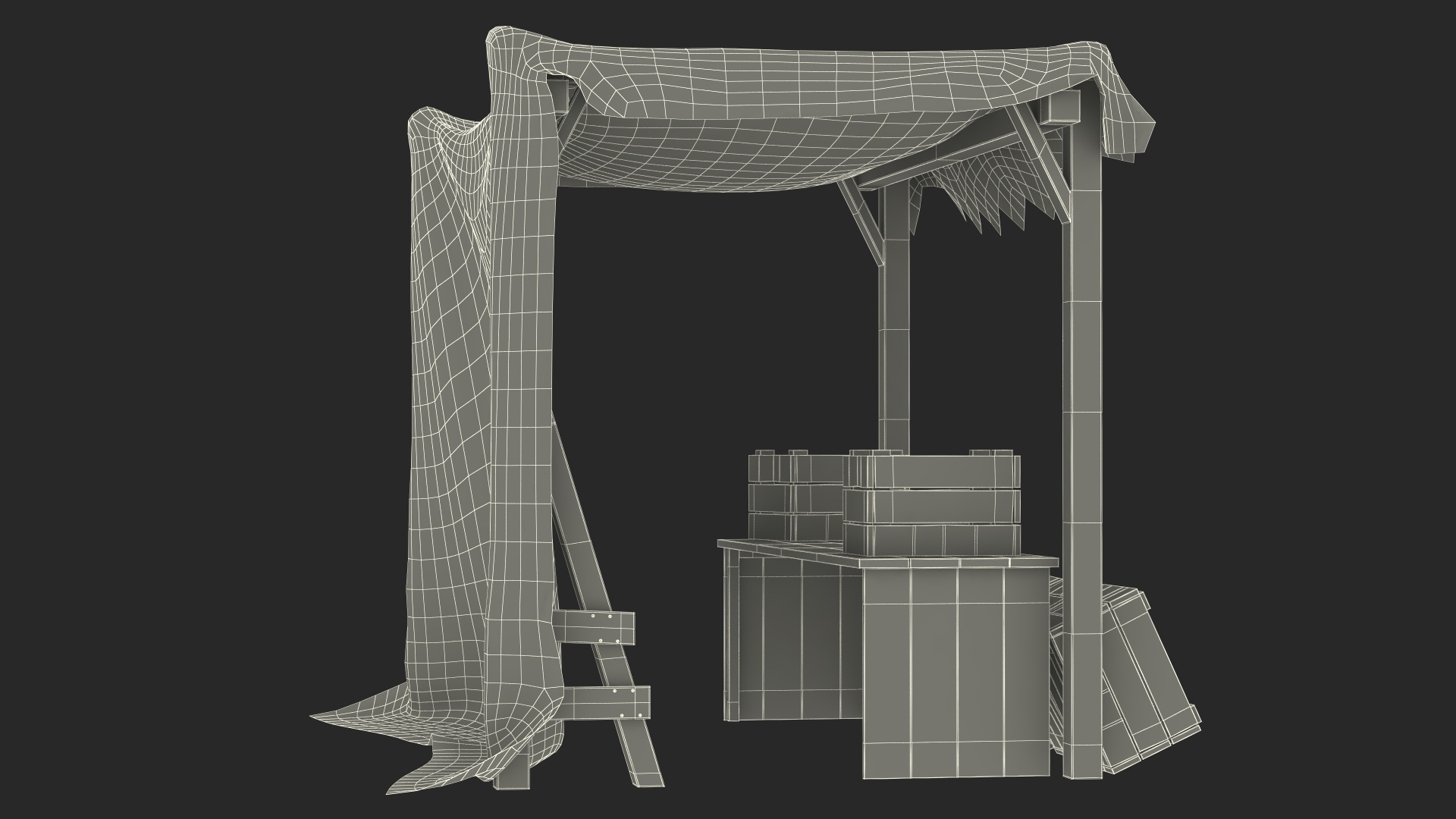 Wooden Market Stall with Beige Awning 3D