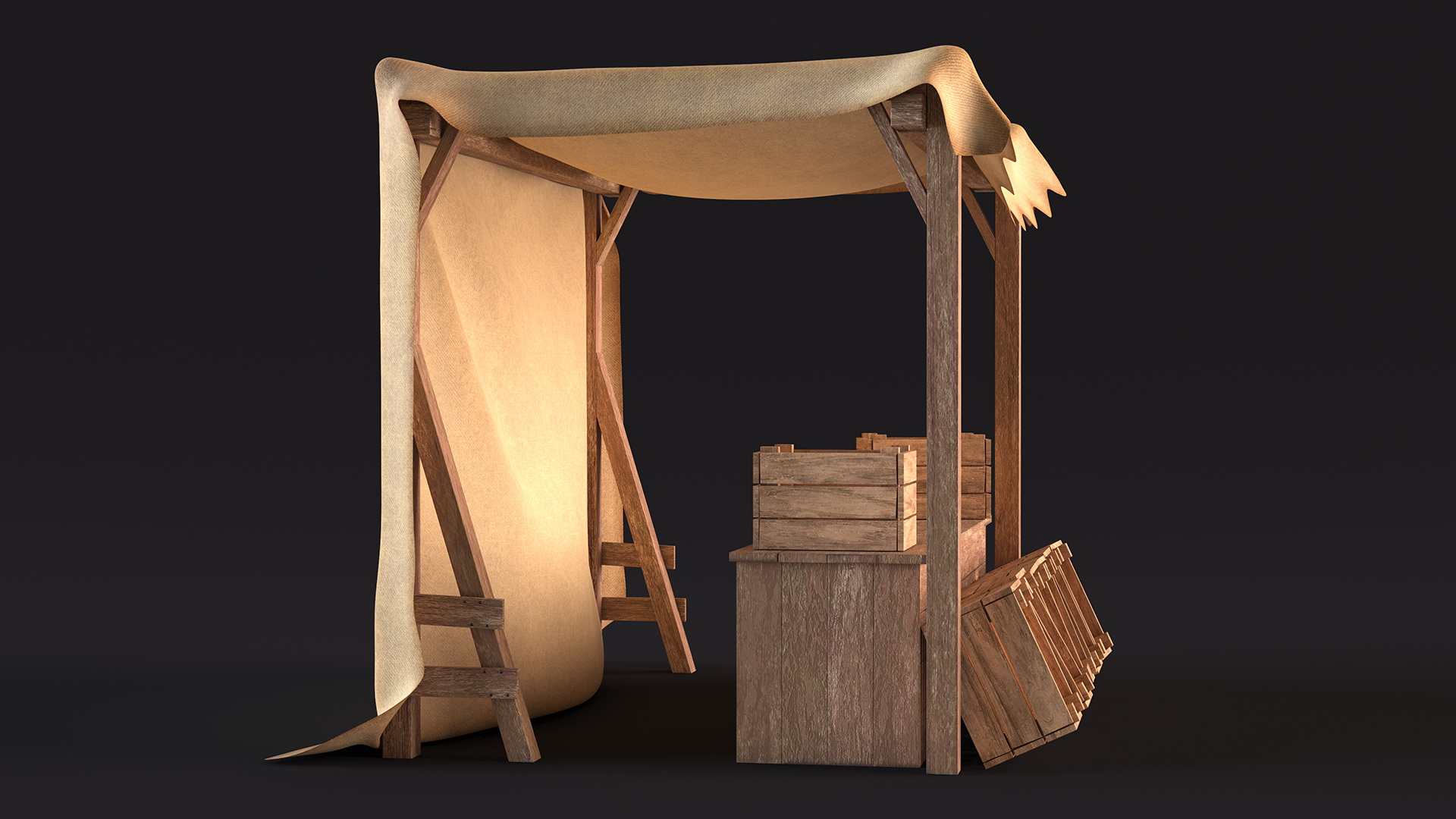 Wooden Market Stall with Beige Awning 3D