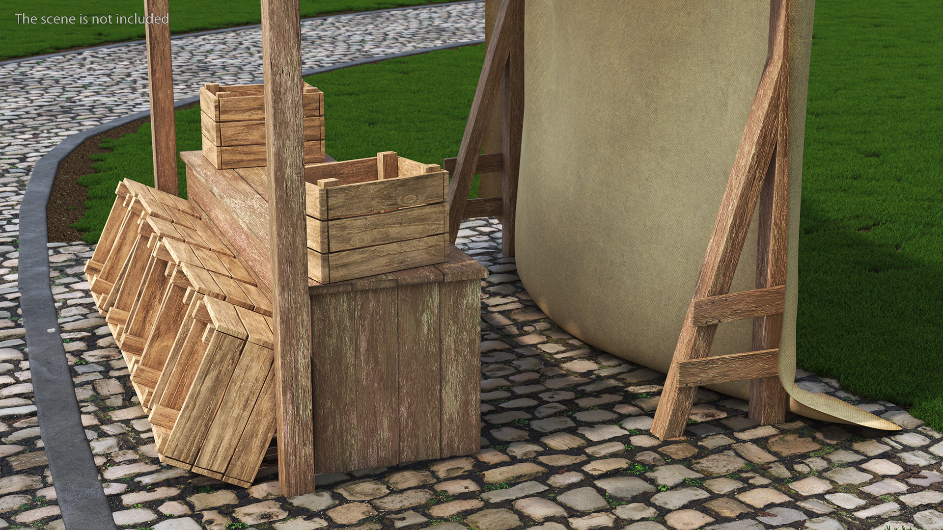 Wooden Market Stall with Beige Awning 3D