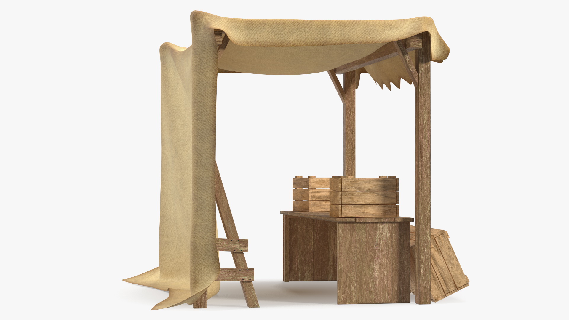 Wooden Market Stall with Beige Awning 3D