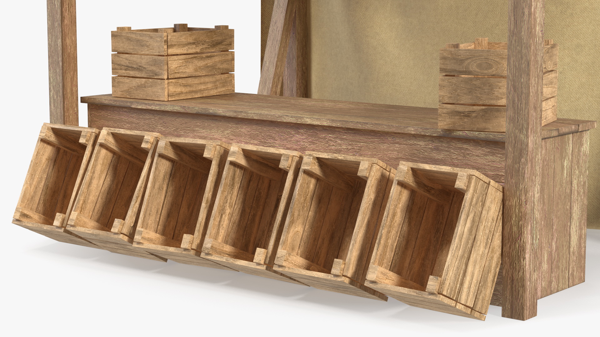 Wooden Market Stall with Beige Awning 3D