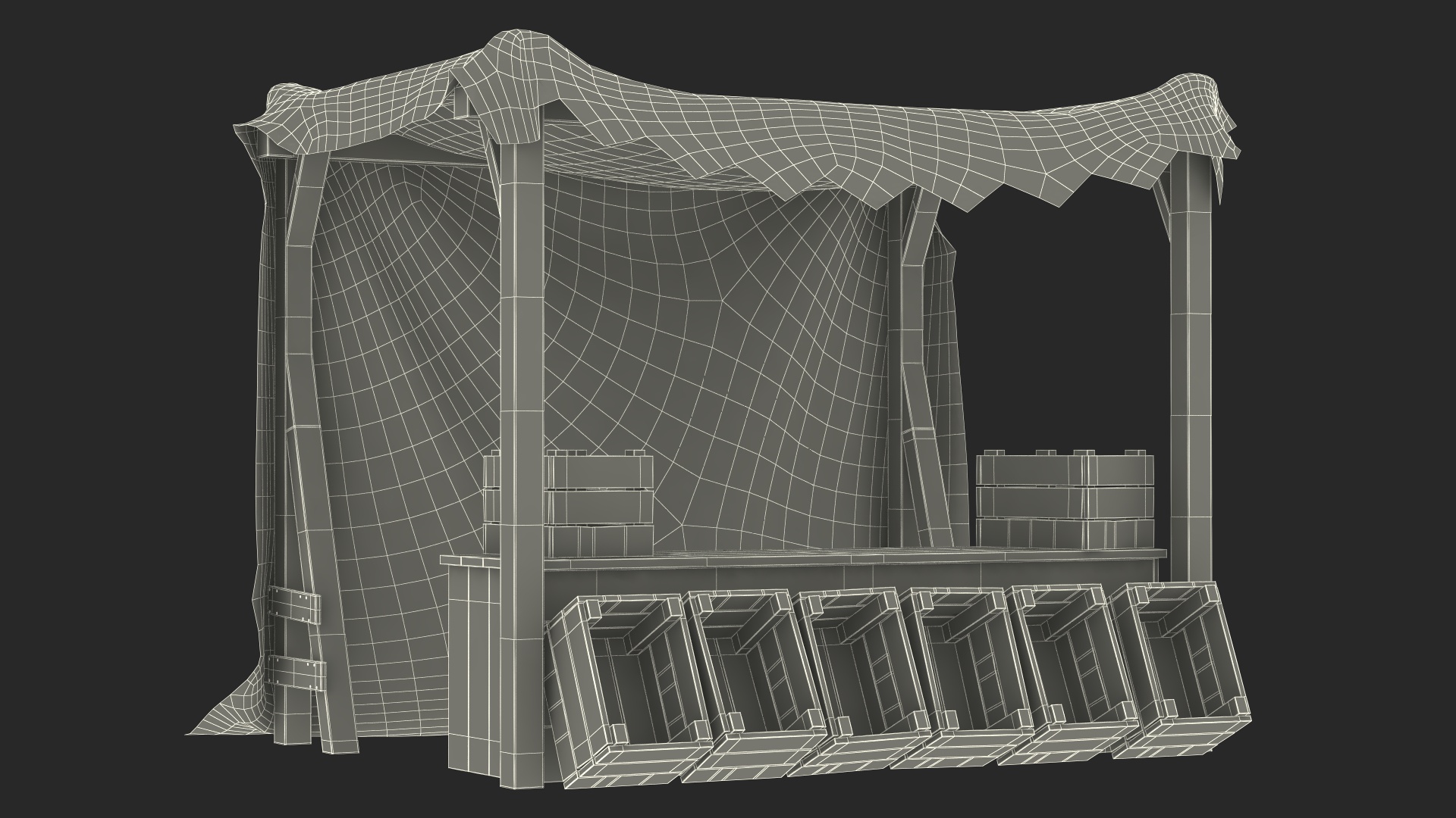 Wooden Market Stall with Beige Awning 3D