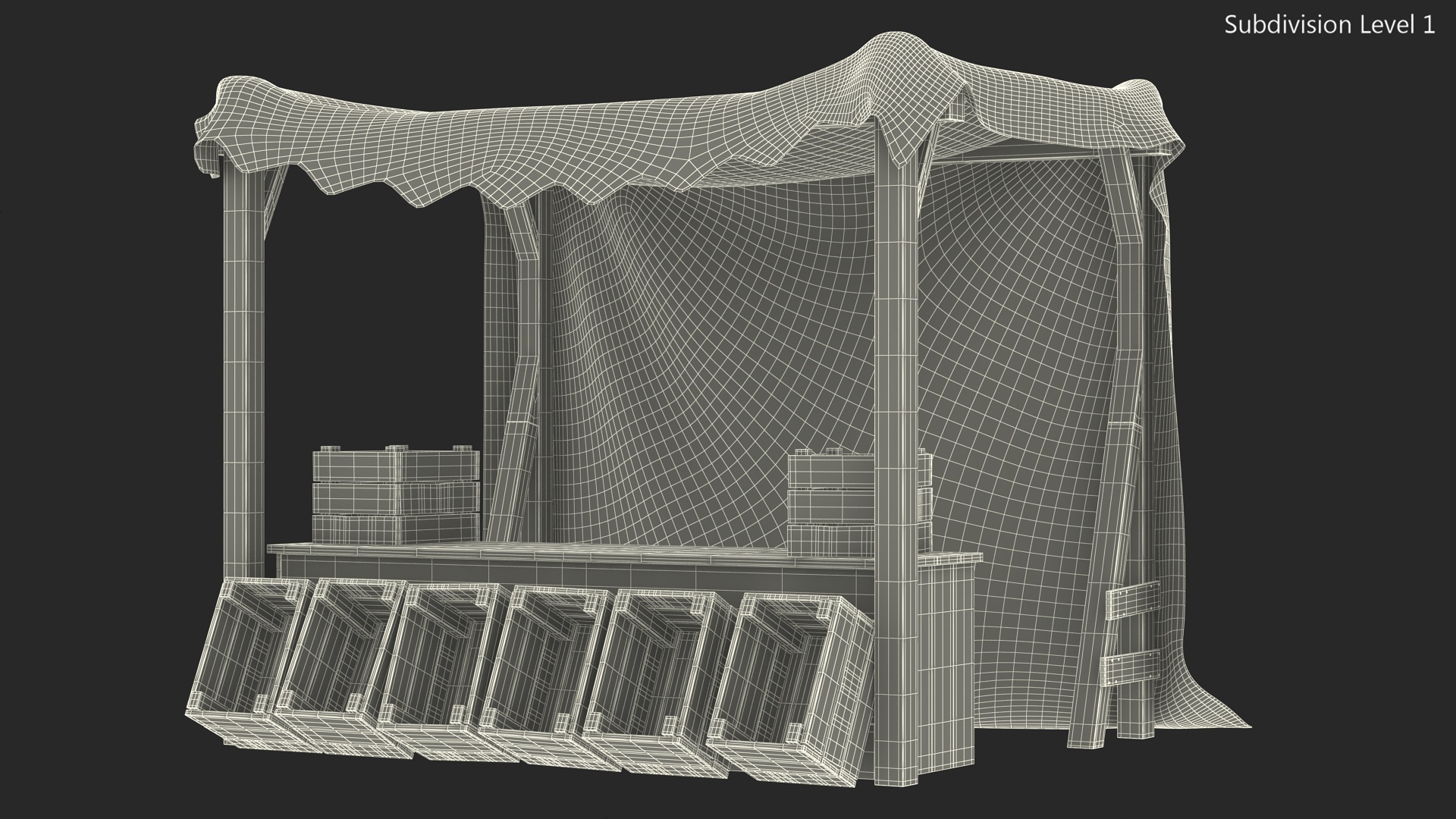 Wooden Market Stall with Beige Awning 3D