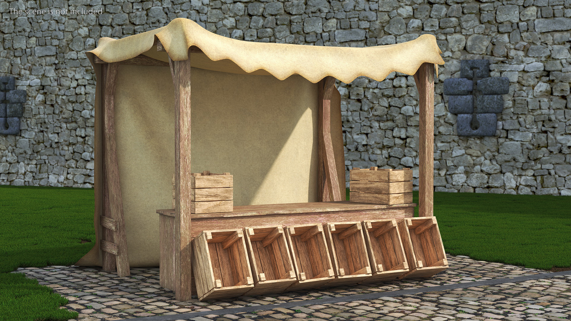 Wooden Market Stall with Beige Awning 3D
