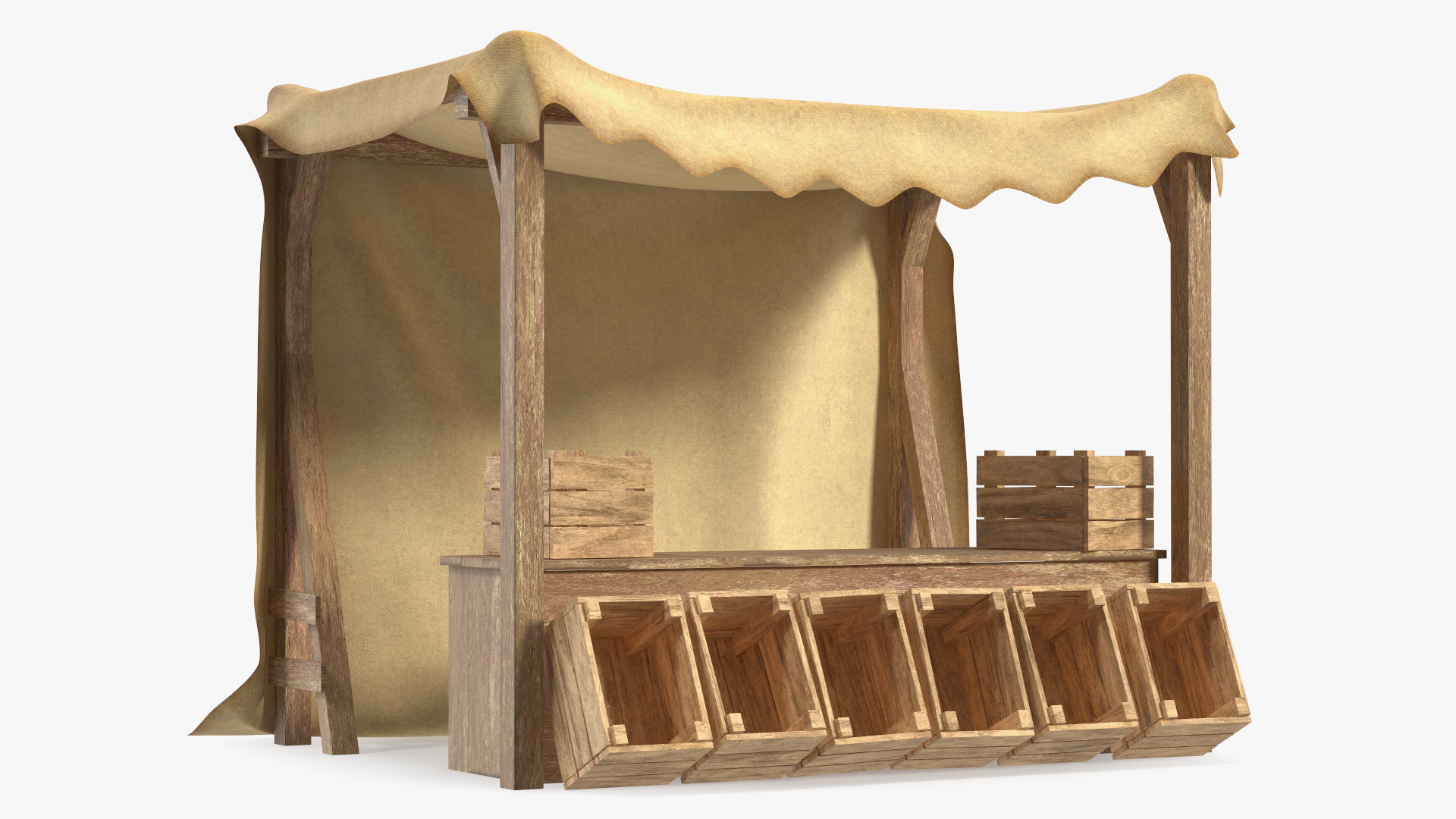Wooden Market Stall with Beige Awning 3D