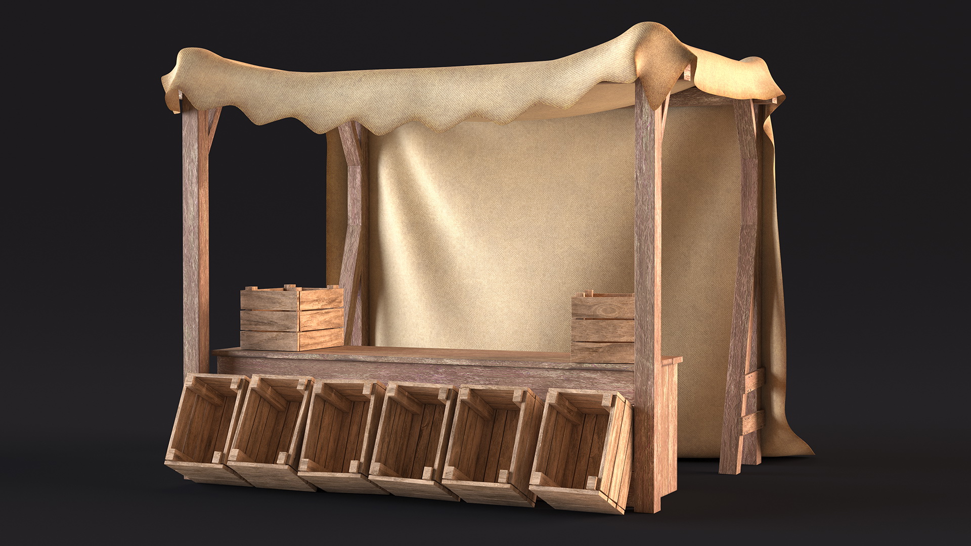 Wooden Market Stall with Beige Awning 3D
