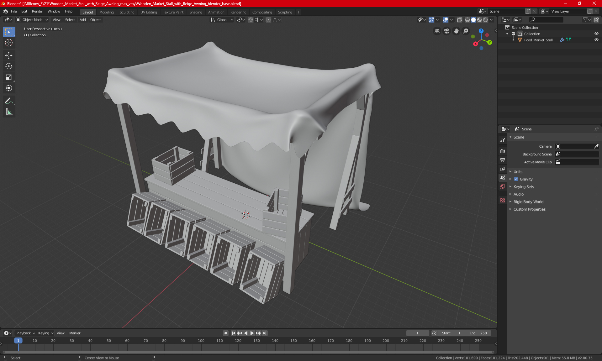 Wooden Market Stall with Beige Awning 3D
