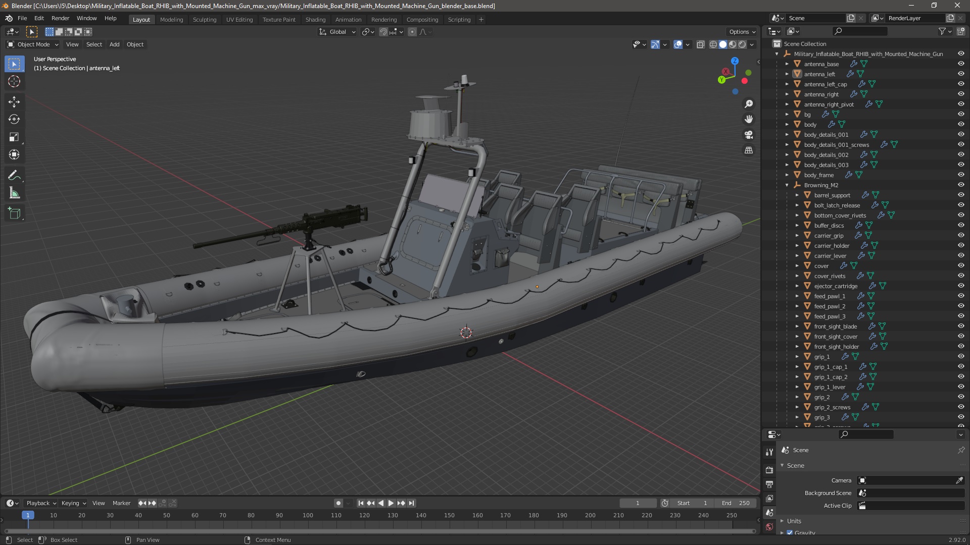 Military Inflatable Boat RHIB with Mounted Machine Gun 3D model