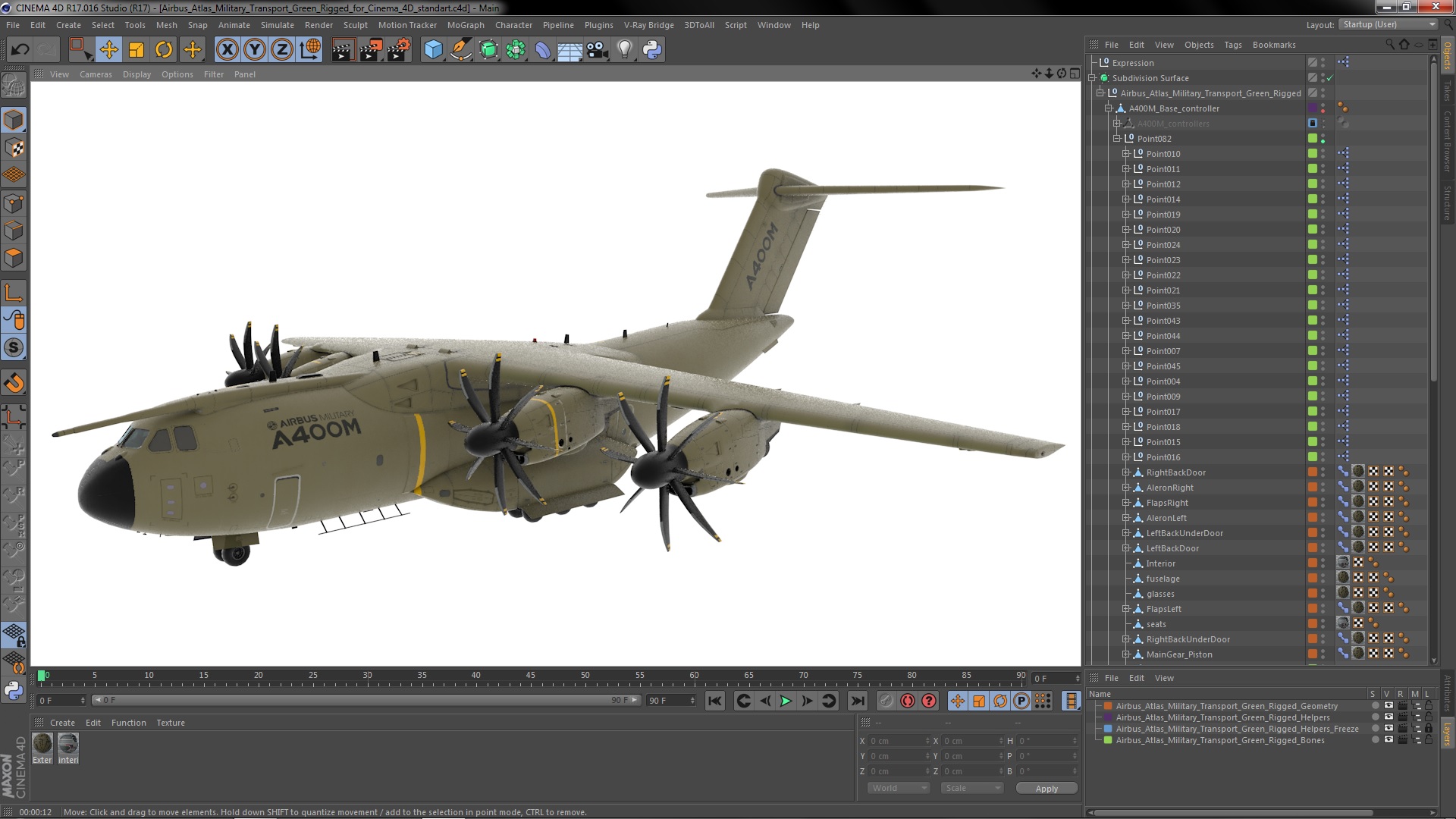 3D Airbus Atlas Military Transport Green Rigged for Cinema 4D model