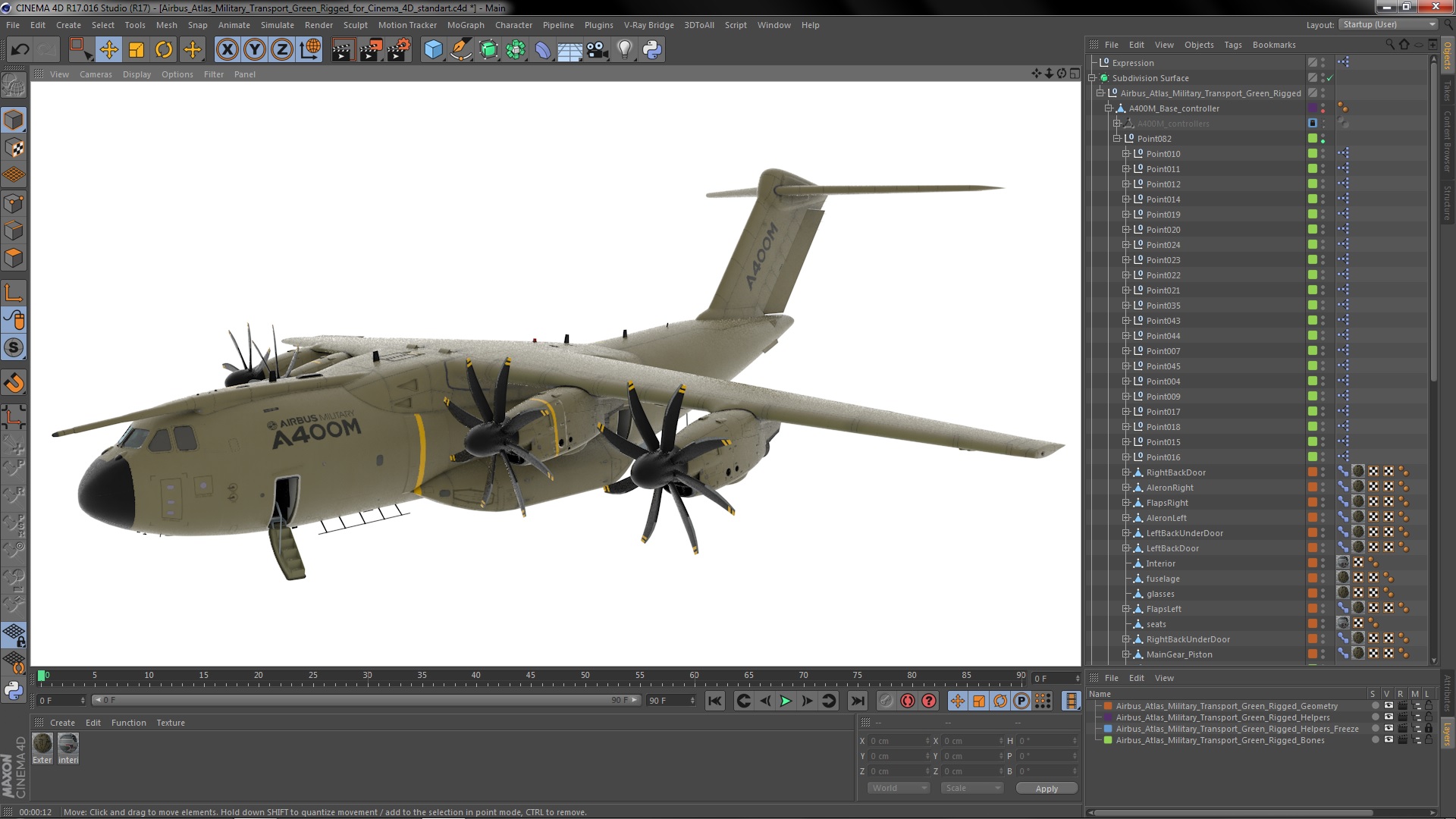 3D Airbus Atlas Military Transport Green Rigged for Cinema 4D model