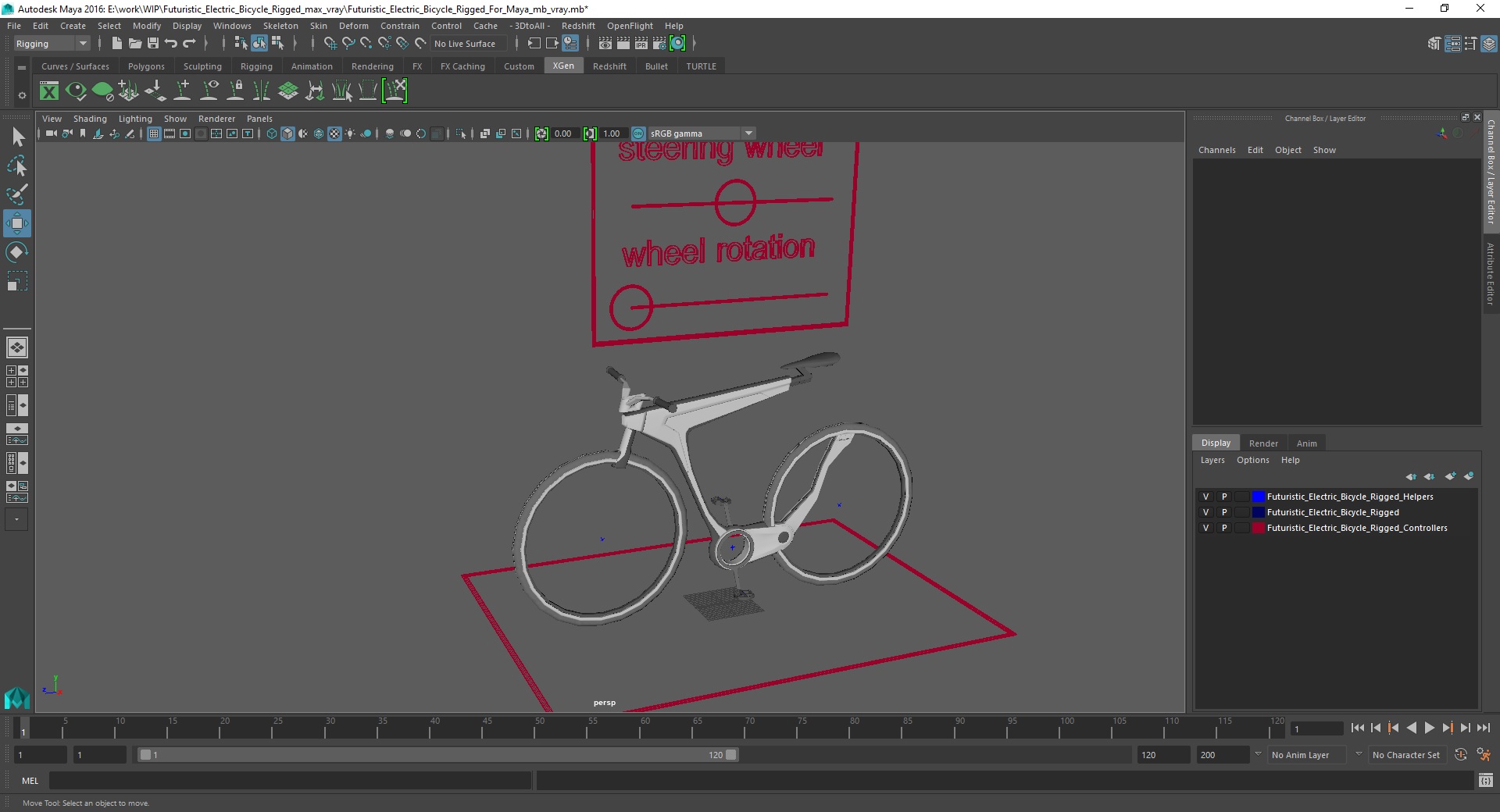 3D Futuristic Electric Bicycle Rigged for Maya model