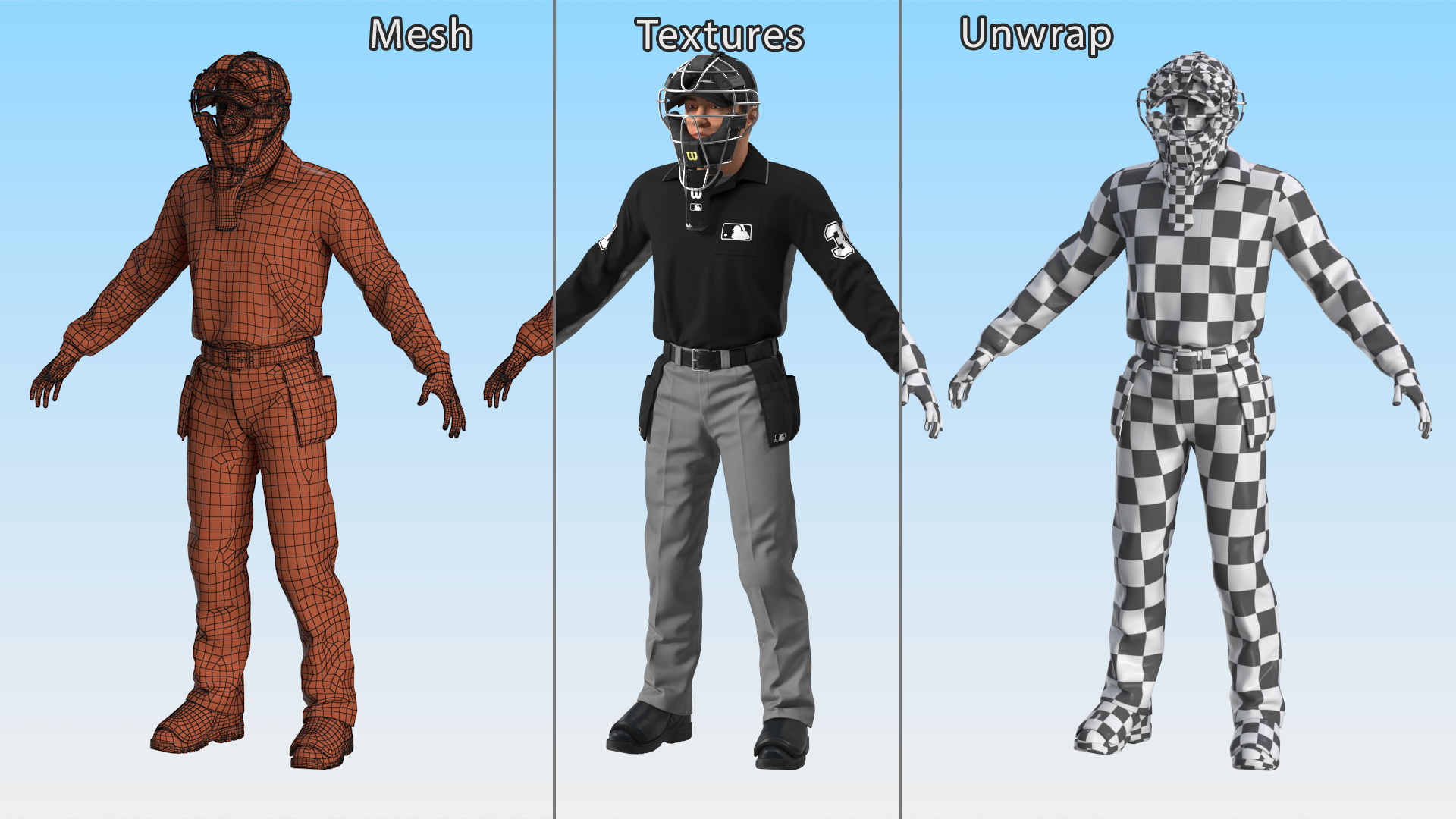 3D Baseball Umpire with Protective Mask and Cap Base Pose Fur model