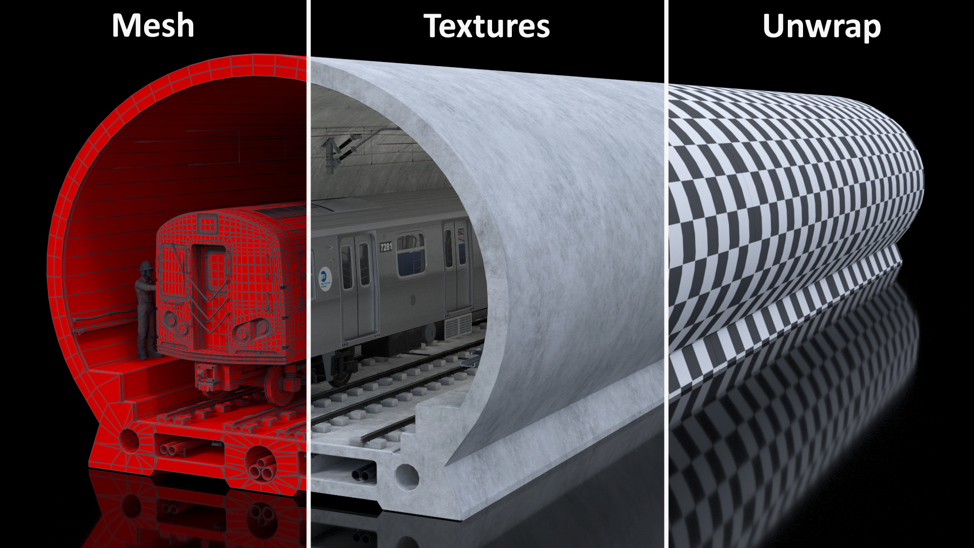 3D Subway Tunnel Section with Train and Worker model