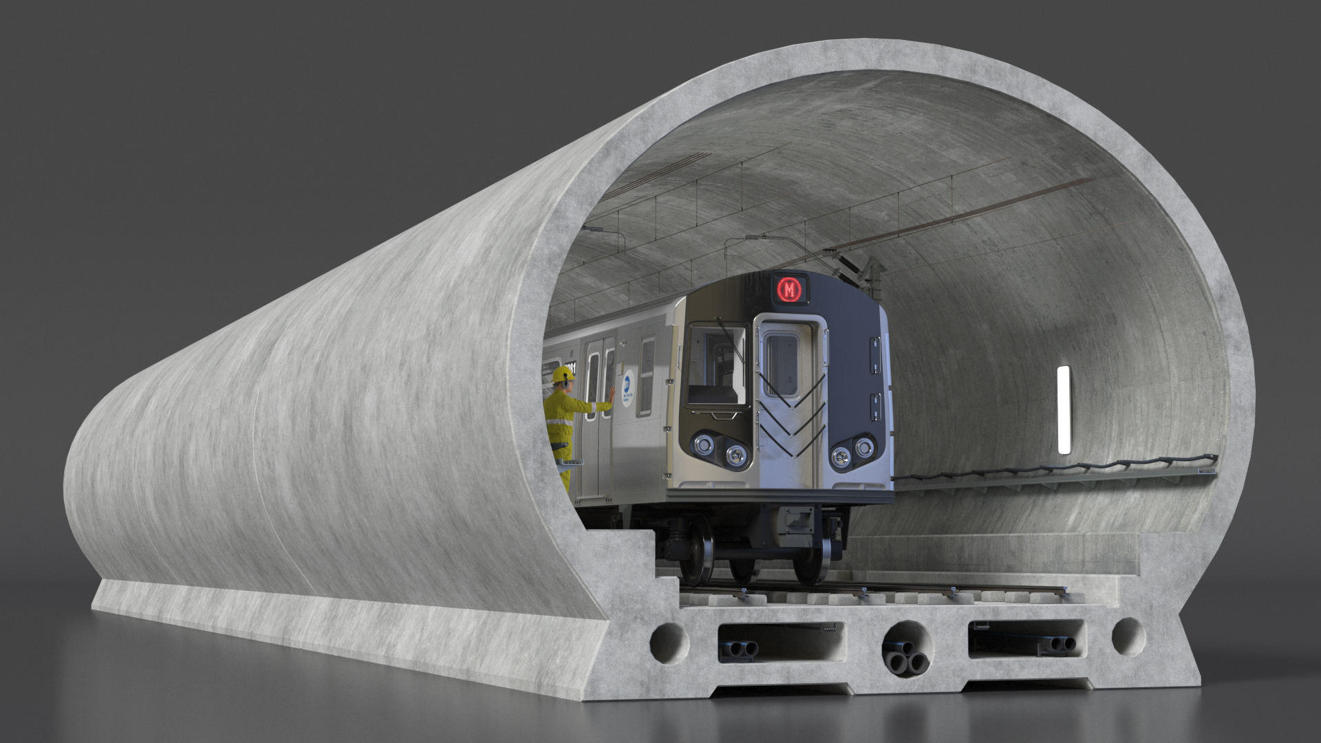 3D Subway Tunnel Section with Train and Worker model