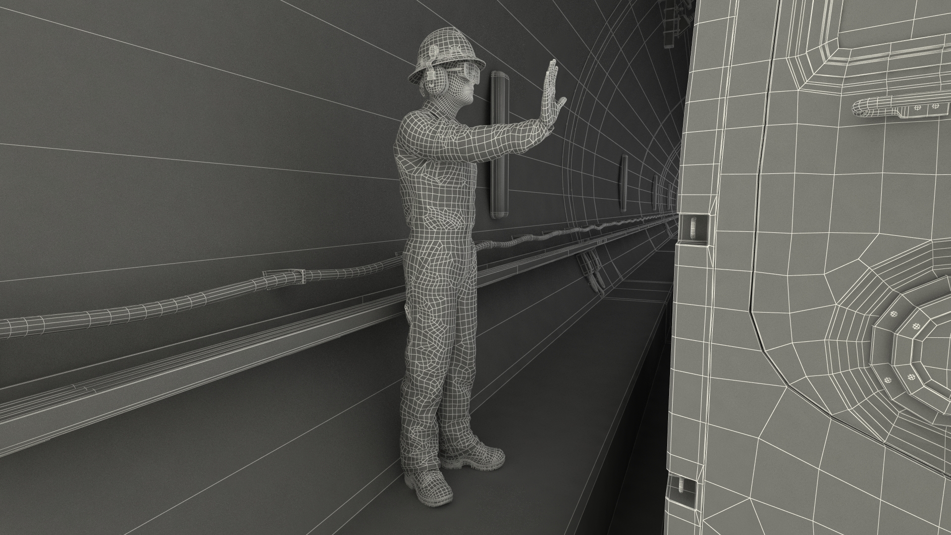 3D Subway Tunnel Section with Train and Worker model