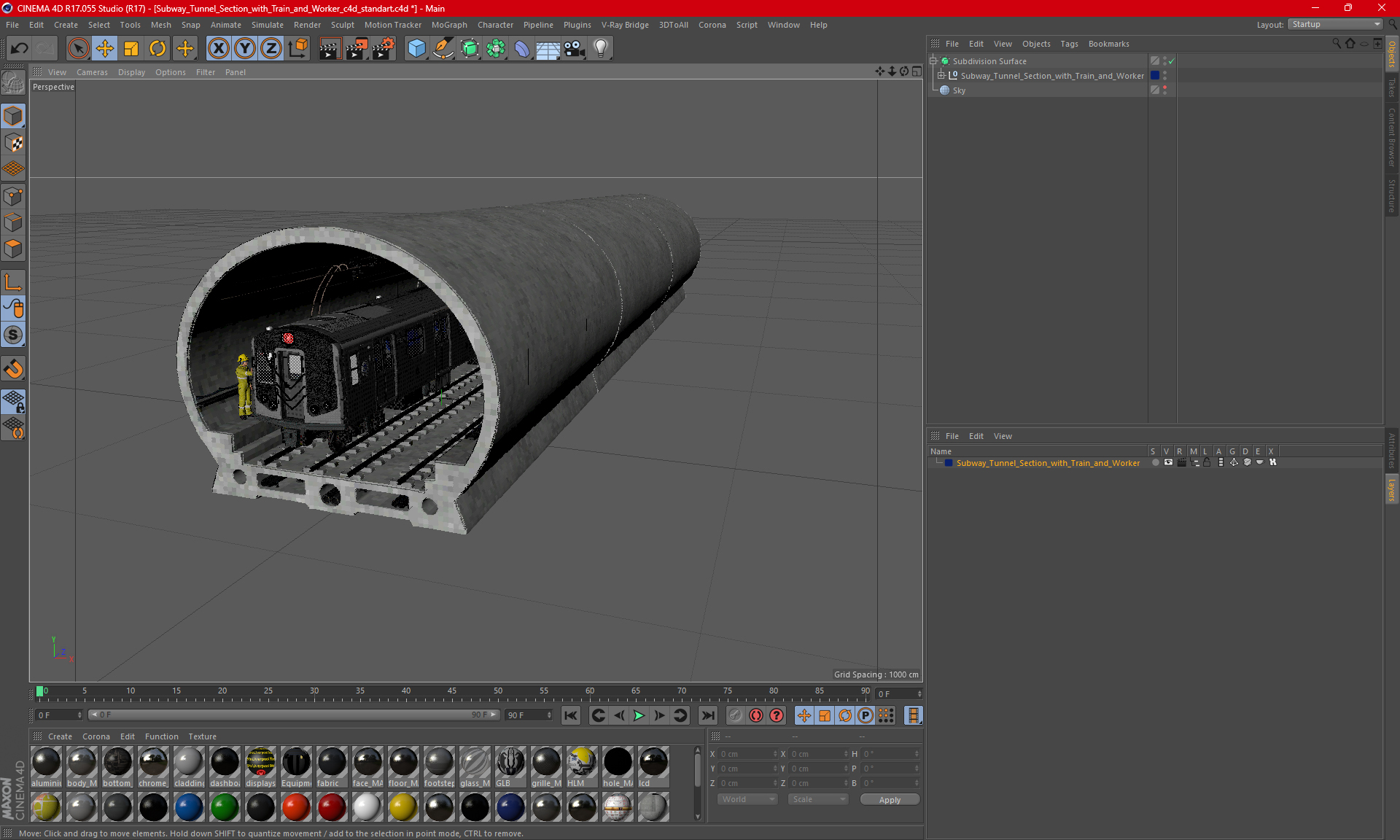 3D Subway Tunnel Section with Train and Worker model