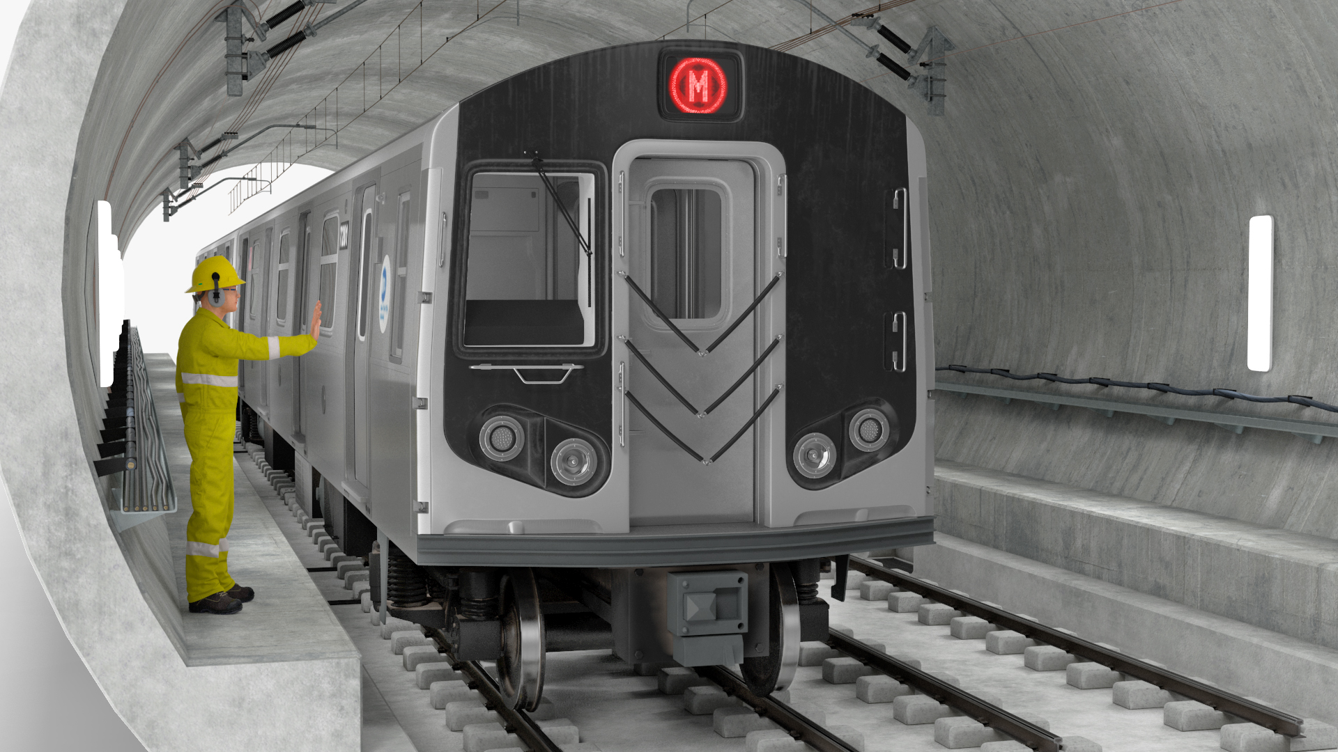 3D Subway Tunnel Section with Train and Worker model