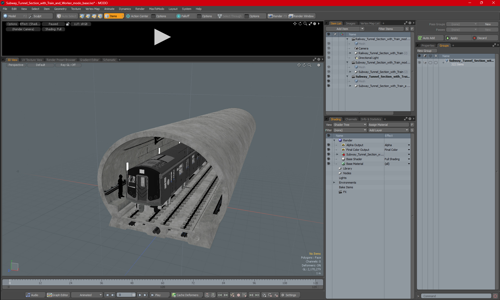 3D Subway Tunnel Section with Train and Worker model