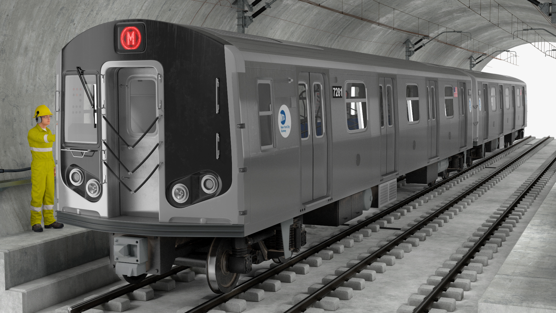 3D Subway Tunnel Section with Train and Worker model
