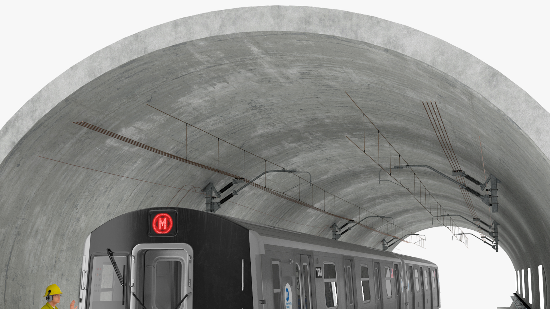3D Subway Tunnel Section with Train and Worker model