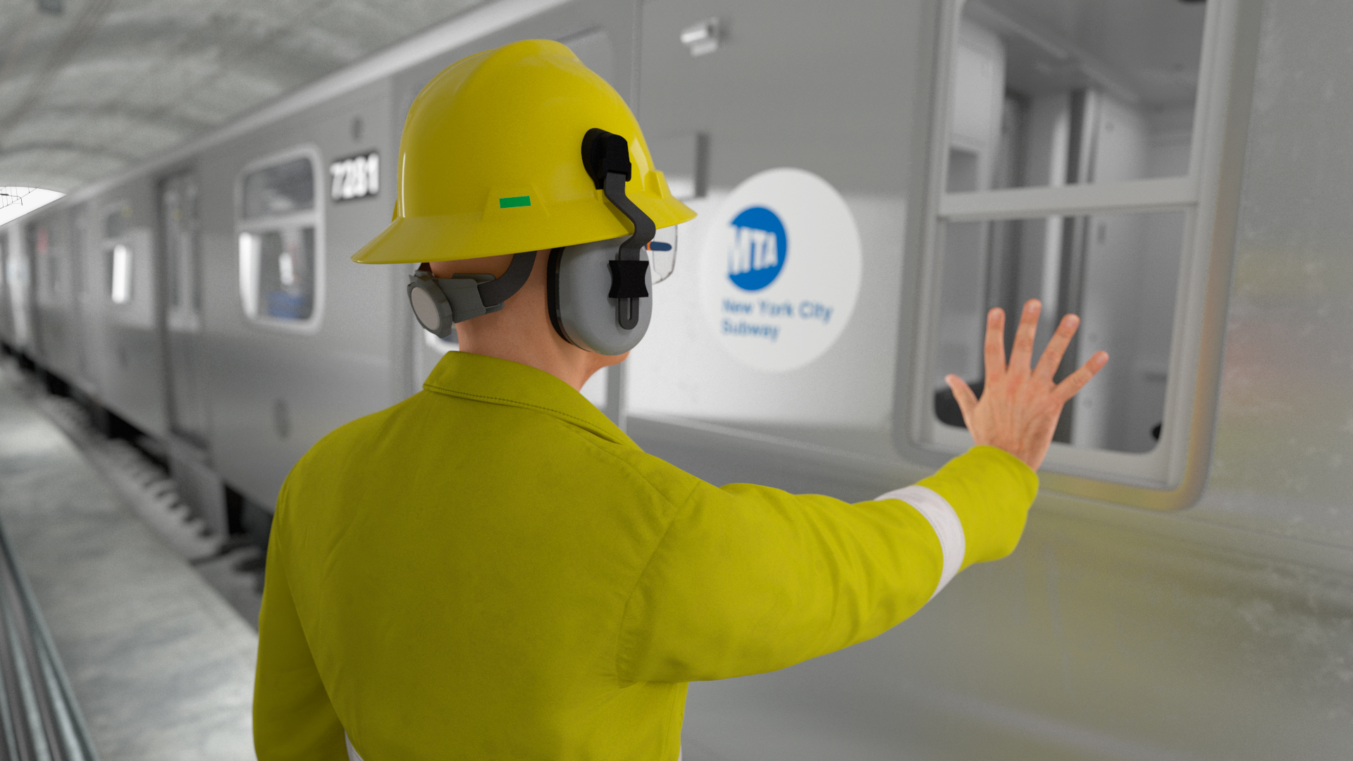3D Subway Tunnel Section with Train and Worker model