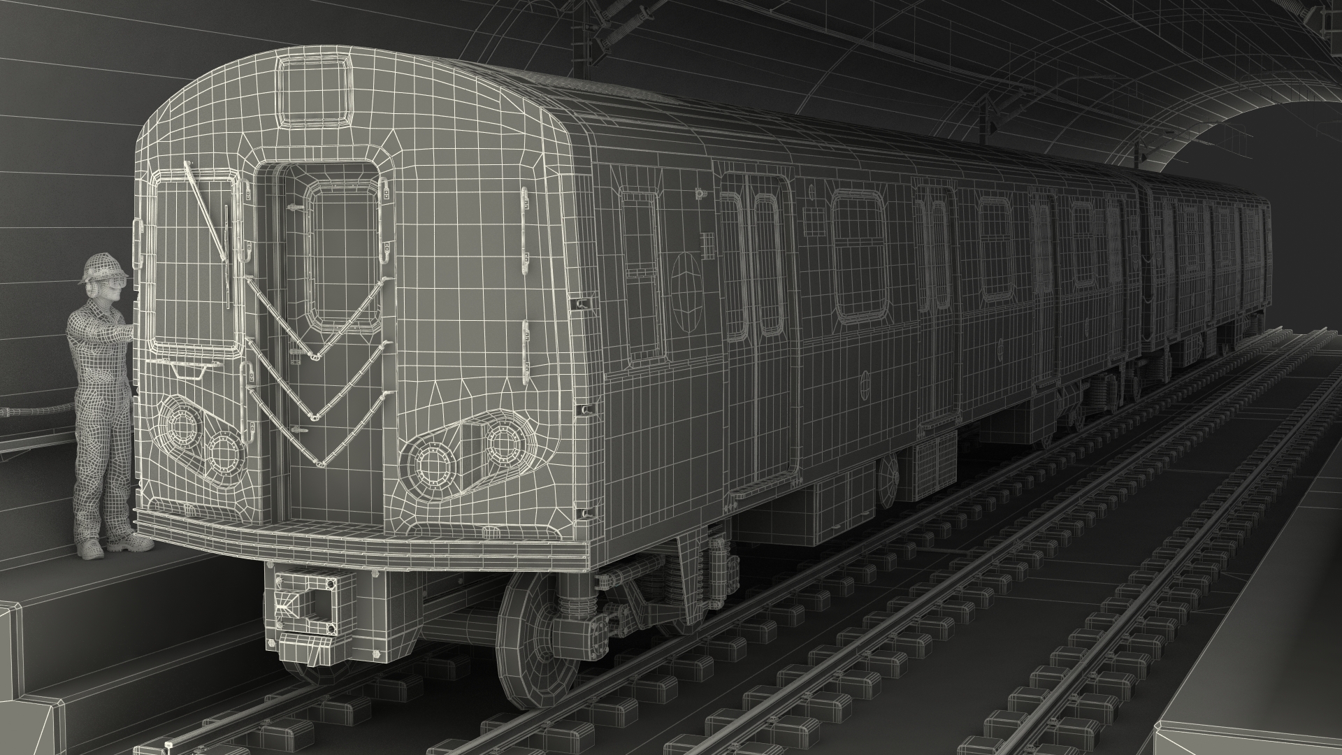 3D Subway Tunnel Section with Train and Worker model