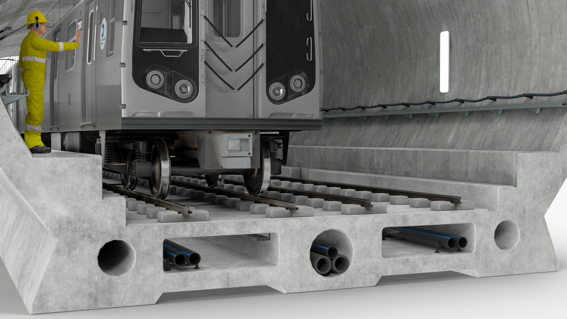 3D Subway Tunnel Section with Train and Worker model