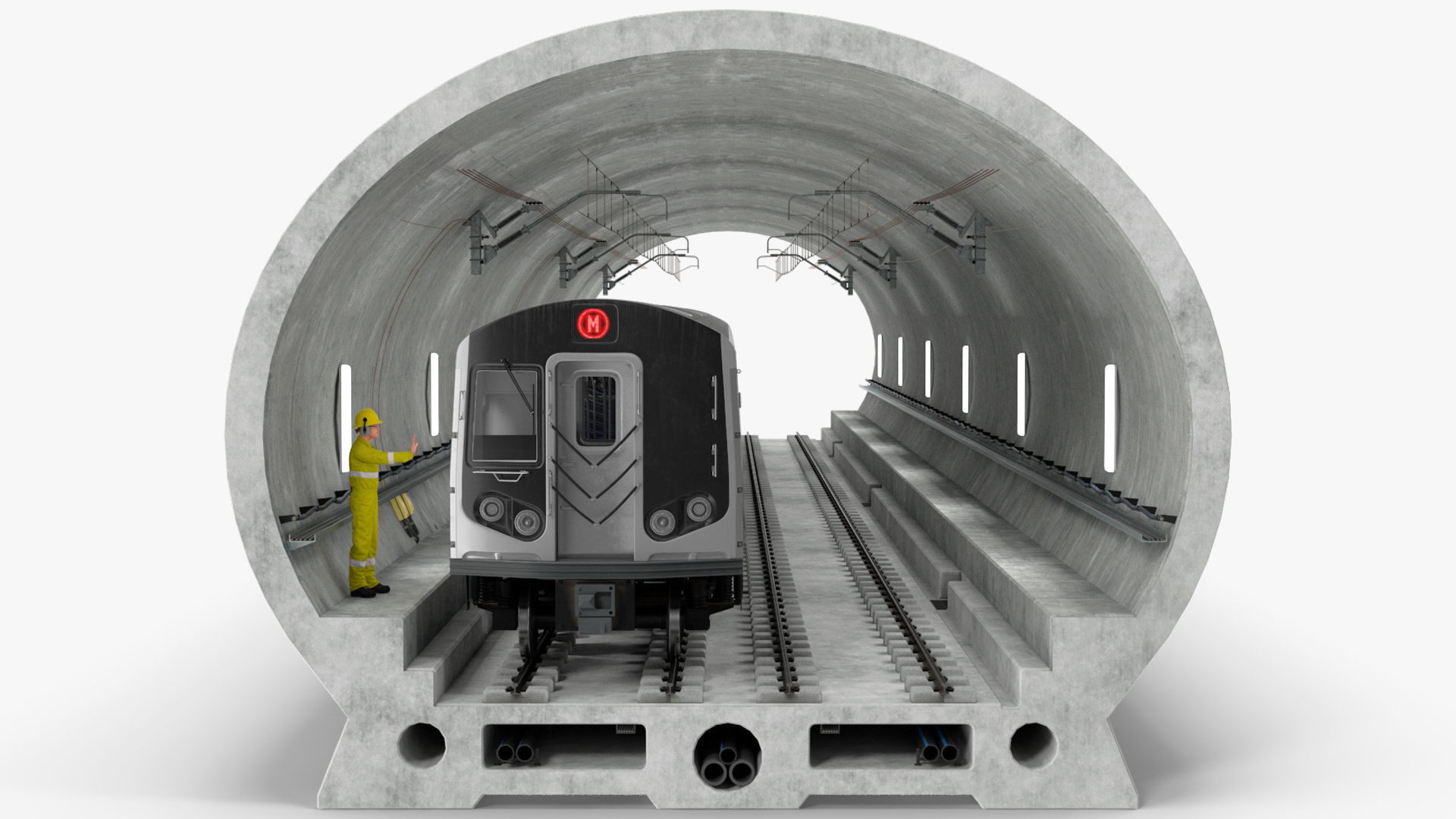 3D Subway Tunnel Section with Train and Worker model